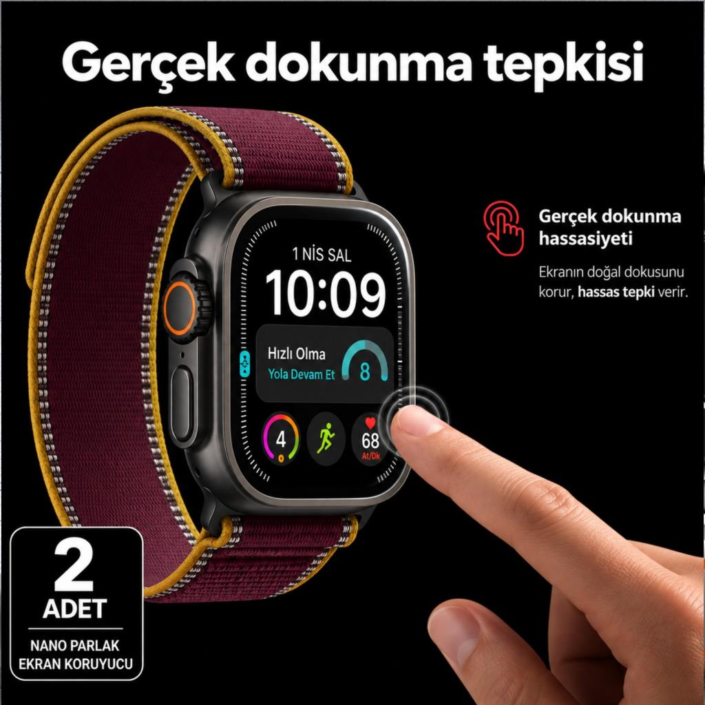 Bordo ve sarı kordonlu akıllı saatin ekranına dokunan bir parmak ve siyah arka plan.