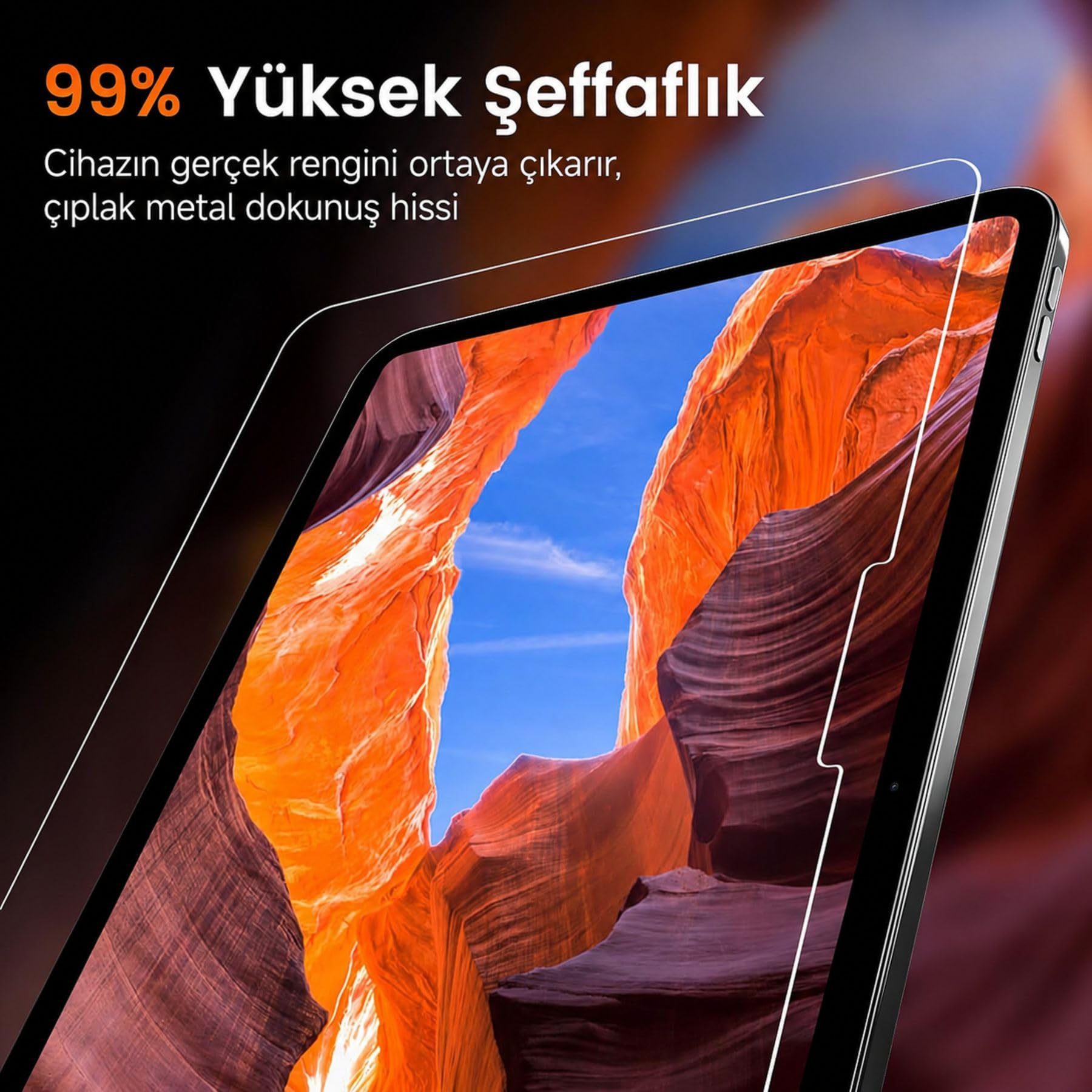 Şeffaf ekrani koruyuculu ve kanyon arka plan görselli bir tablet.