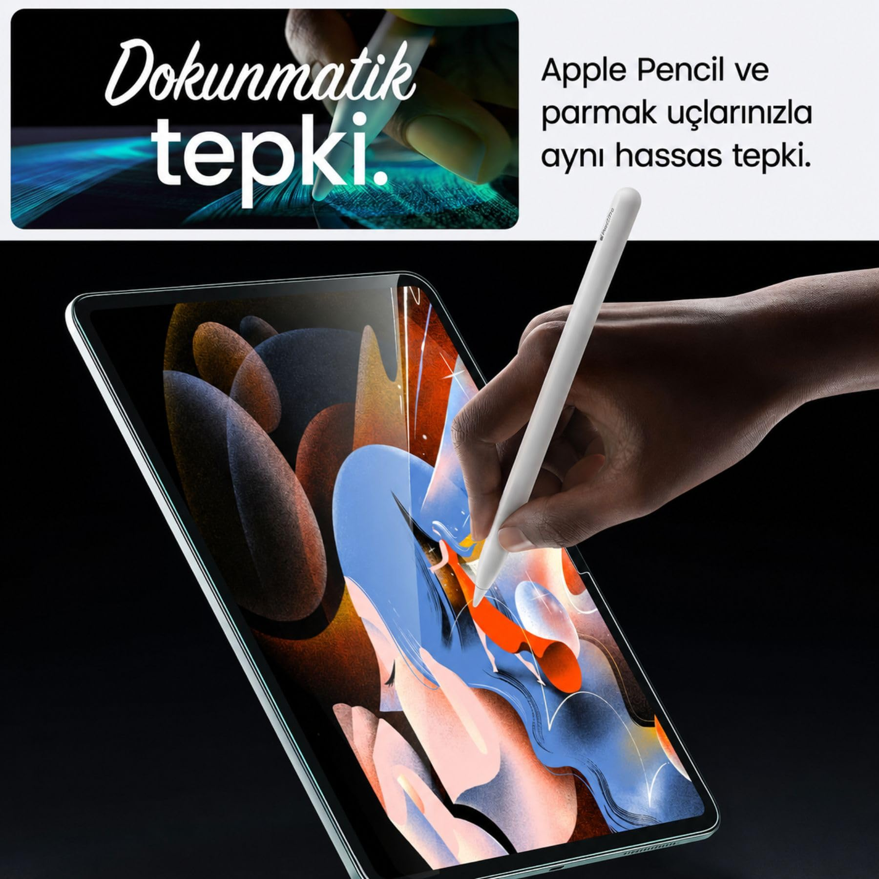 Soyut sanat içeren bir tablet ekranında beyaz kalem kullanan bir el.