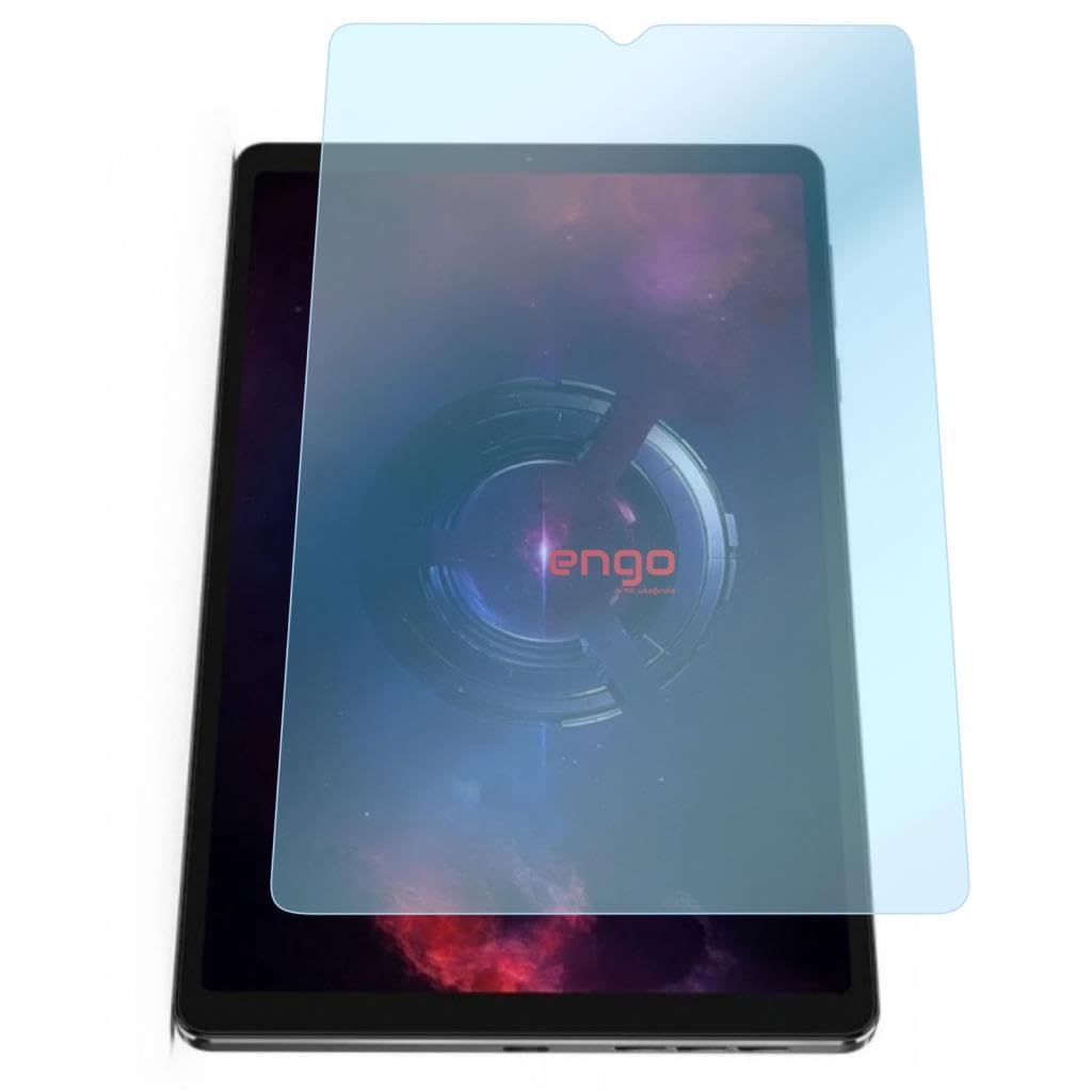 Renkli bir arka plana karşı ekranında açık mavi koruyucu cam bulunan bir tablet.