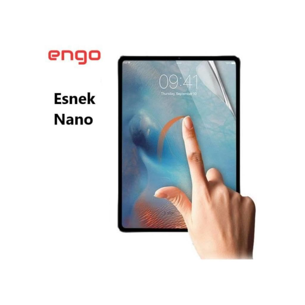 Engo logolu tablet ekranına dokunan el.