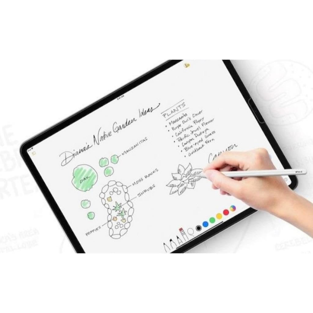 Bir el, tablette bitkiler ve notlarla bahçe fikirleri çizmek için bir kalem kullanıyor.