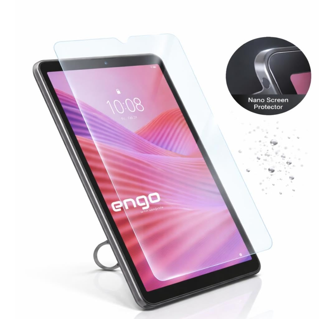Şeffaf nano ekran koruyuculu bir tablet ve yakınında su damlaları.