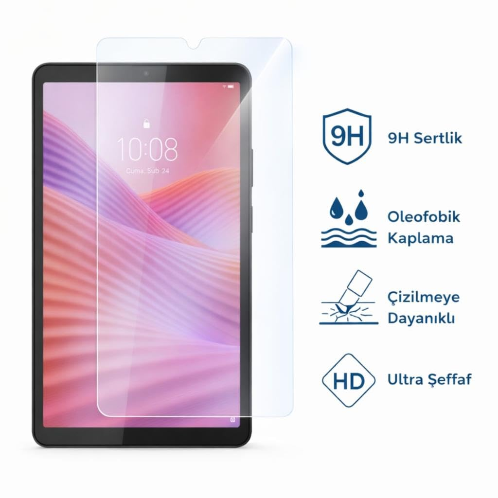 Ekran koruyuculu tablet ve 9H sertlik, oleofobik kaplama, çizilmeye dayanıklılık ve ultra şeffaflık simgeleri.