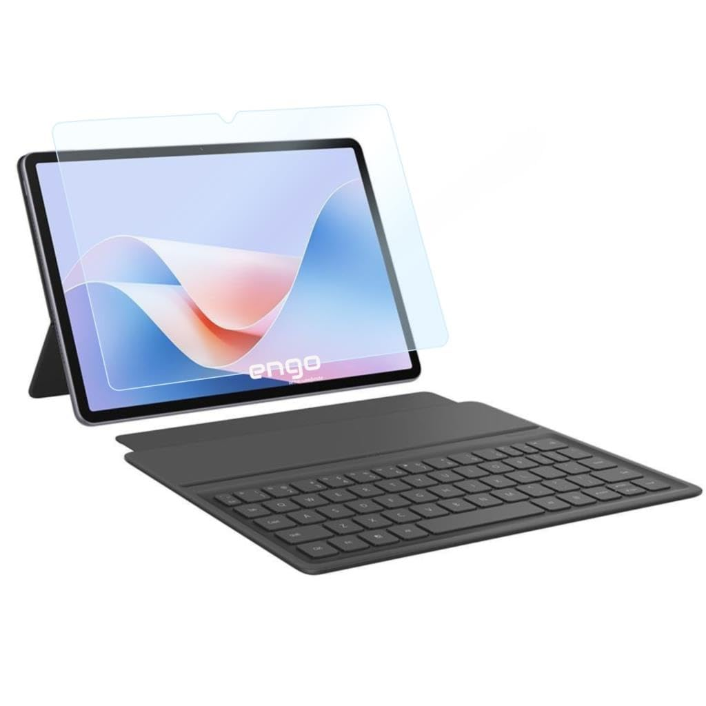 Beyaz arka planda ekran koruyuculu ve bağlı klavyeli gri bir tablet.