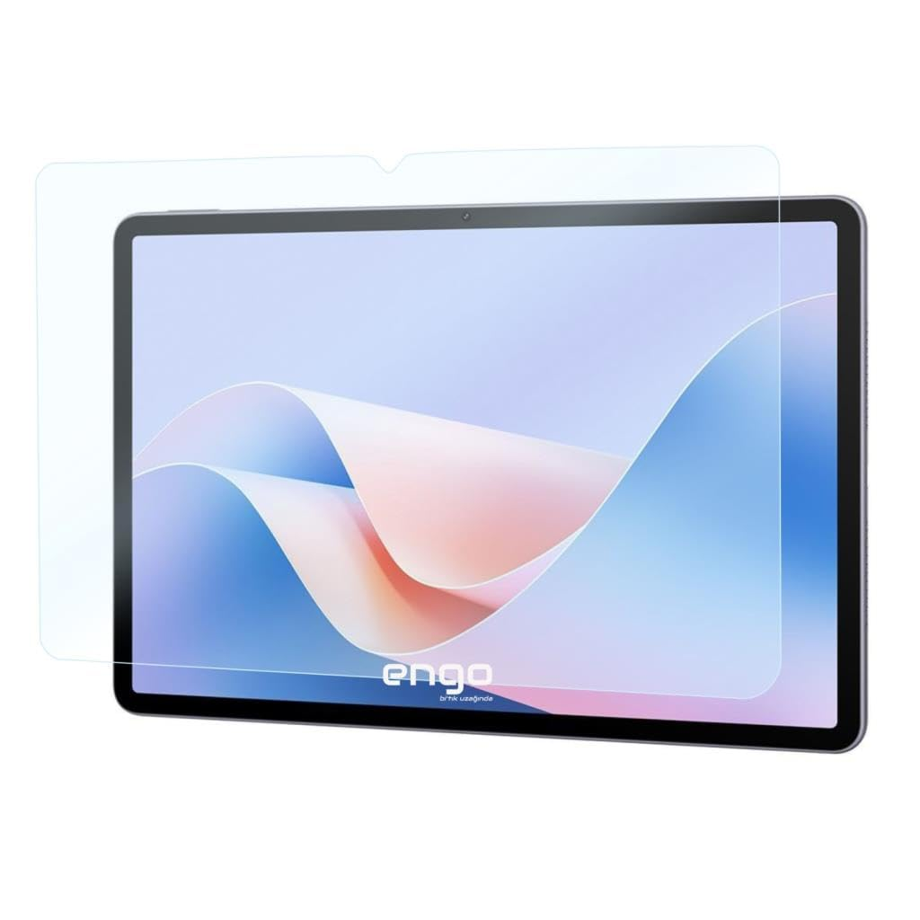 Ekranında şeffaf bir ekran koruyucu bulunan ve soyut mavi-beyaz duvar kağıdı gösteren bir tablet.