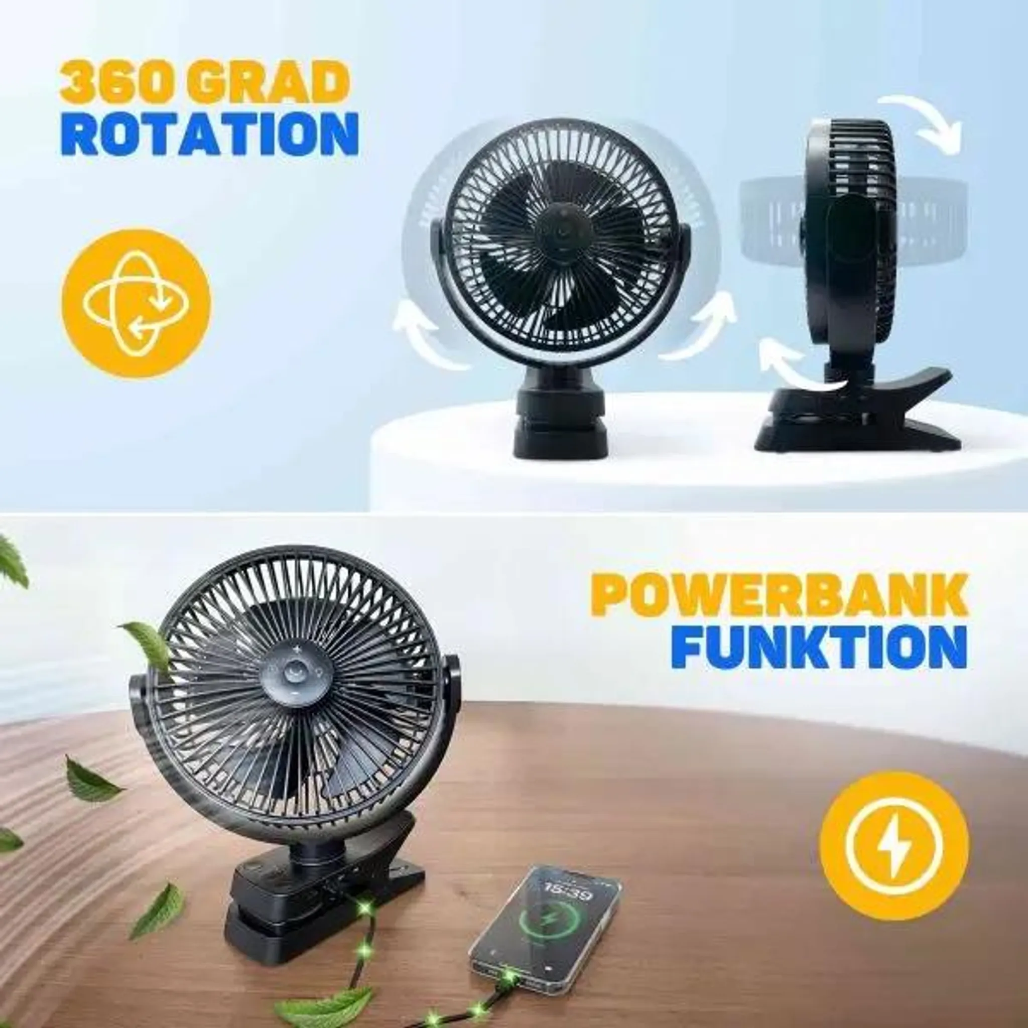 Ein schwarzer Klemmventilator zeigt 360-Grad-Drehung und Powerbank-Funktion zum Laden eines Smartphones.