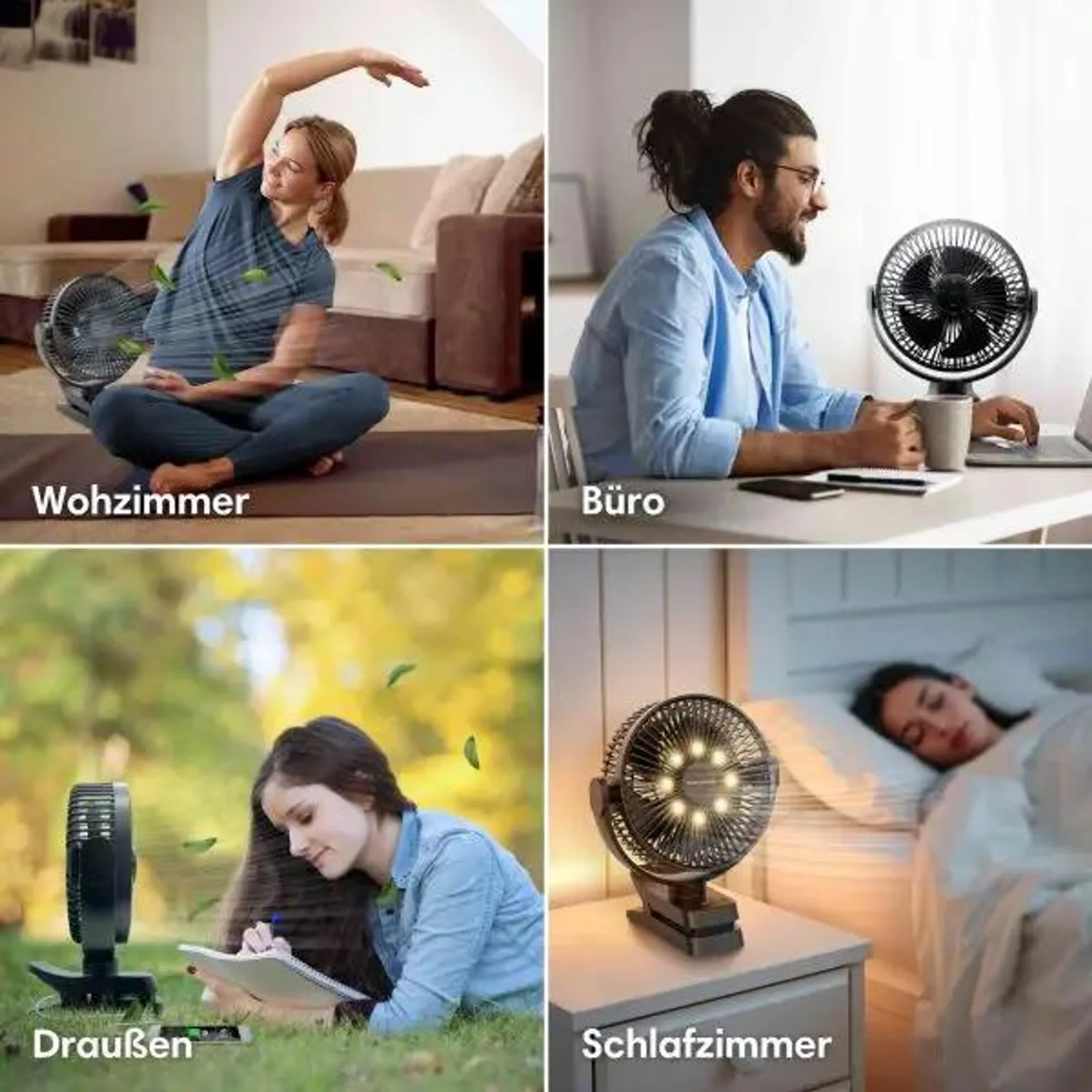 Vier Bilder zeigen tragbare Ventilatoren beim Sport, im Büro, draußen und im Schlafzimmer.