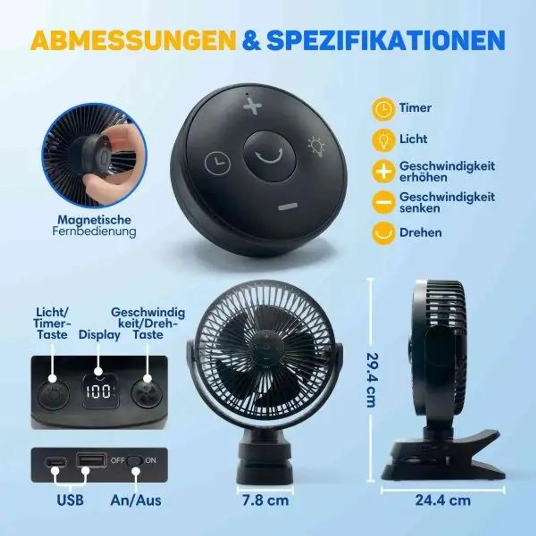 Technische Zeichnung und Maße eines schwarzen Clip-Ventilators mit Fernbedienung und Display.
