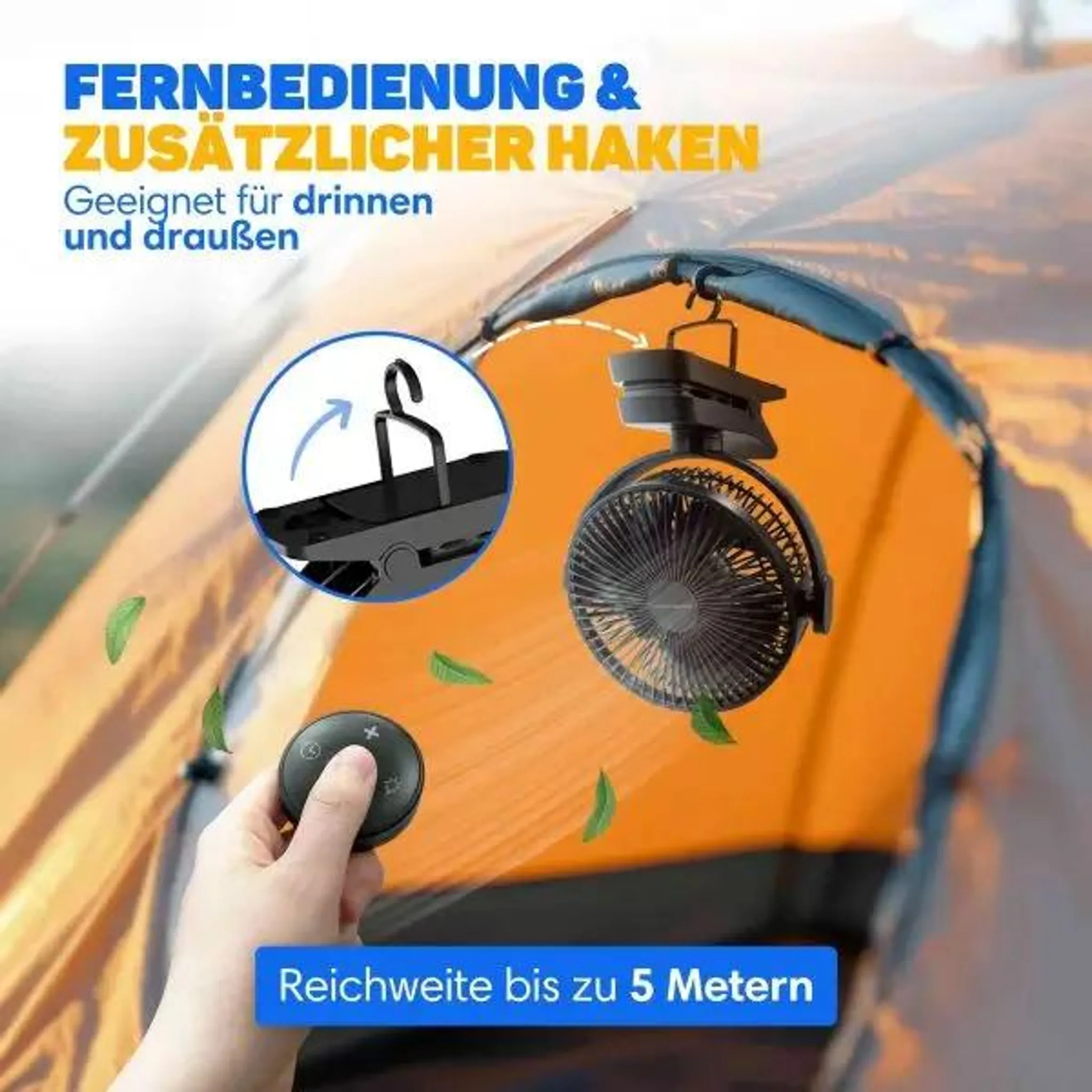 Ein schwarzer Campingventilator hängt in einem Zelt, mit Fernbedienung und Text.