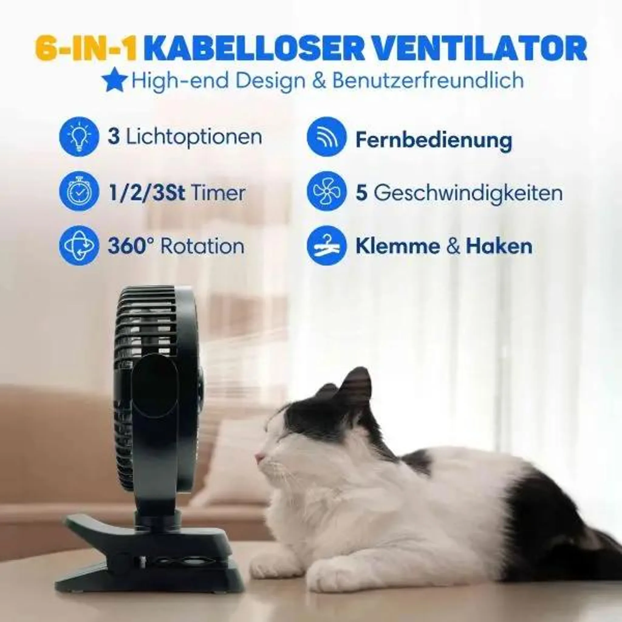 Ein schwarzer Clip-Ventilator steht vor einer weißen Katze auf einem Tisch, Text wirbt für Funktionen.