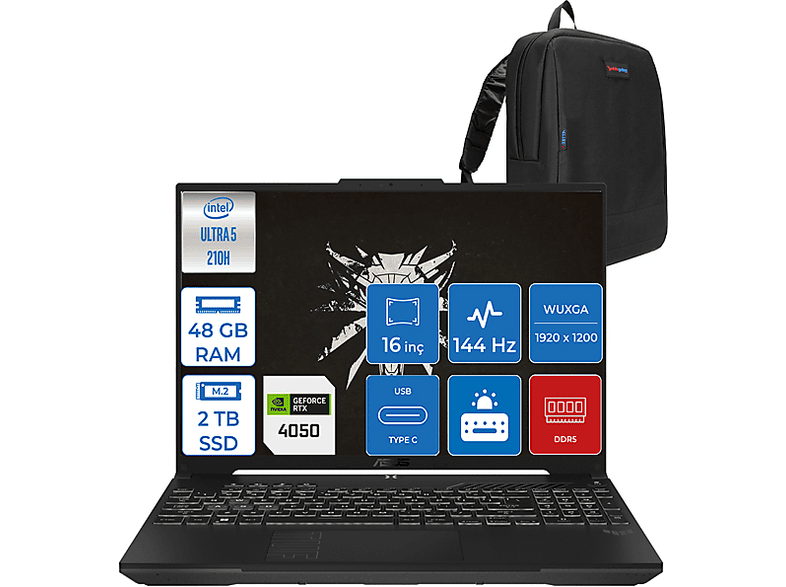 ASUS Tuf Gaming F16 6GB RTX4050 140W FXRL141F15 Intel Core Ultra 5 210H 48 GB RAM 2 TB SSD 16 inç FreeDOS Laptop+Çanta Gri