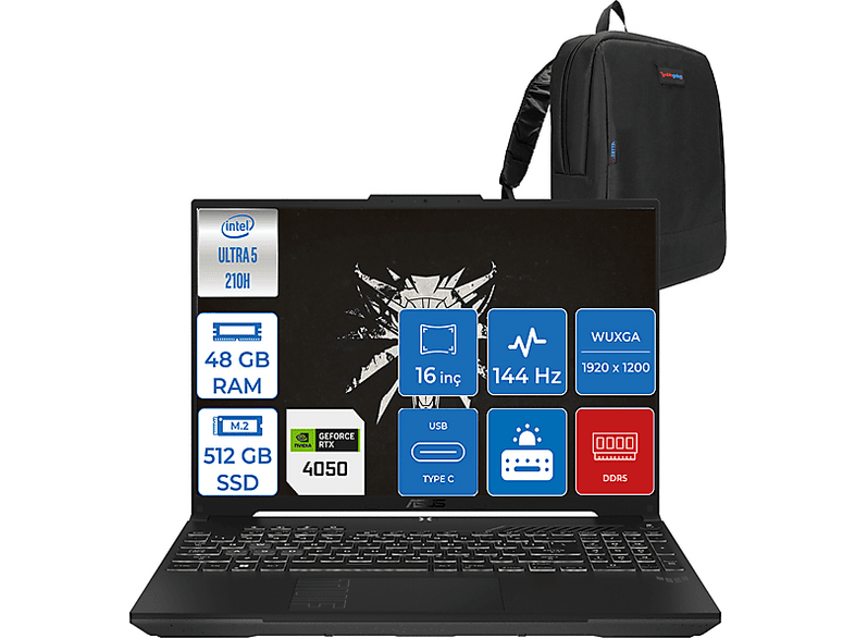 ASUS Tuf Gaming F16 6GB RTX4050 140W FXRL141F13 Intel Core Ultra 5 210H 48 GB RAM 512 GB SSD 16 inç FreeDOS Laptop+Çanta Gri
