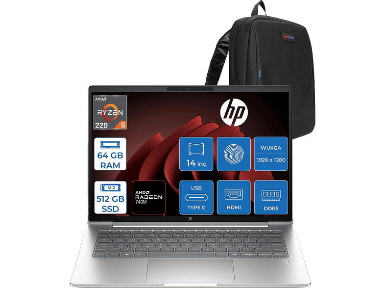 HP ProBook 4 G1AH 14 Radeon 740M CV0E6ATF27 AMD Ryzen 5 220 64 GB RAM 512 GB SSD 14 inç FreeDOS Laptop+Çanta Gümüş