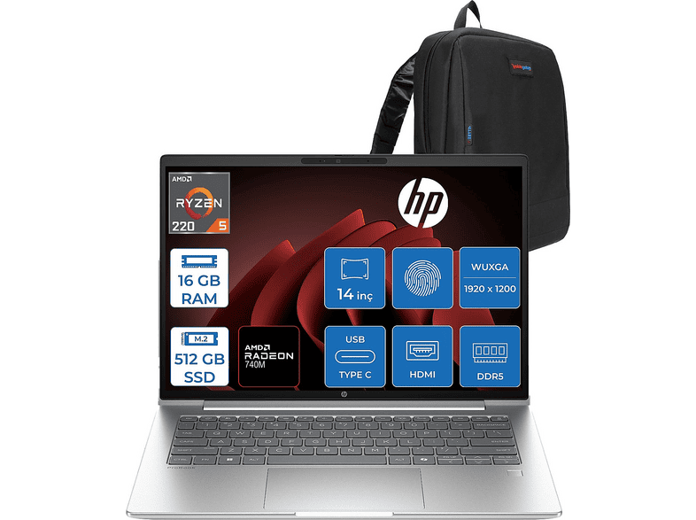 HP ProBook 4 G1AH 14 Radeon 740M CV0E6ATF02 AMD Ryzen 5 220 16 GB RAM 512 GB SSD 14 inç FreeDOS Laptop+Çanta Gümüş