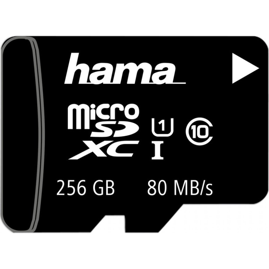 Una scheda di memoria micro SDXC Hama nera con capacità di 256 GB e velocità di 80 MB/s.