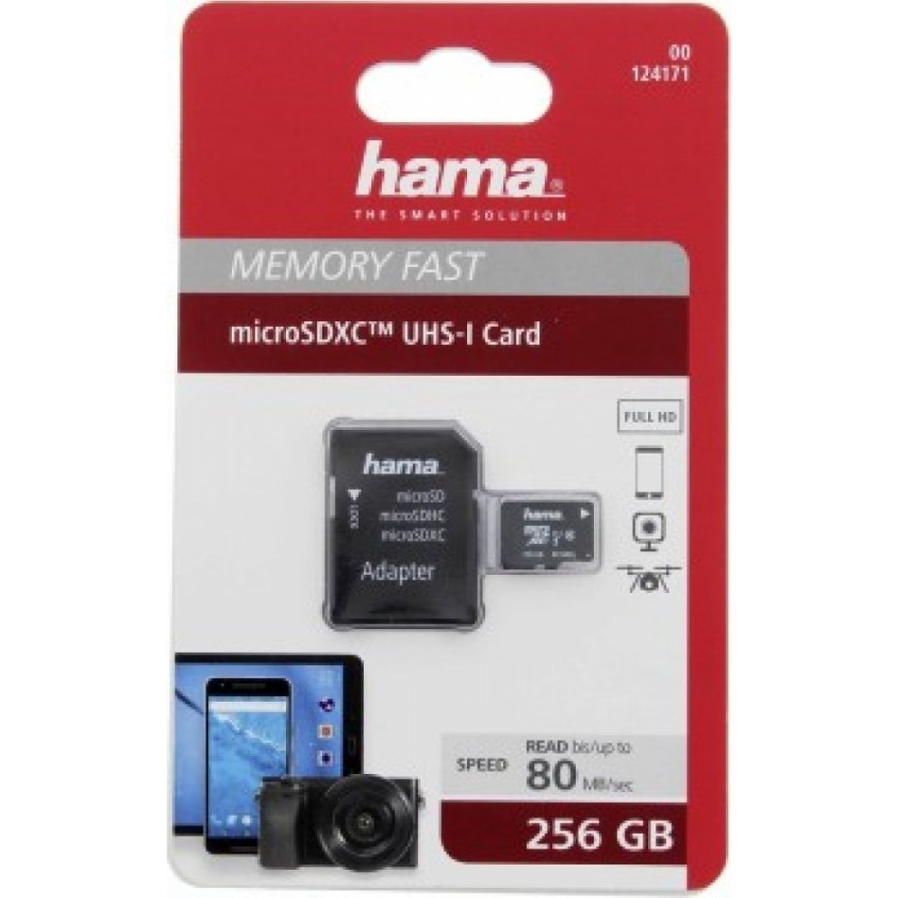 Confezione di una scheda di memoria Hama 256GB microSDXC UHS-I con adattatore, velocità di lettura fino a 80 MB/s.