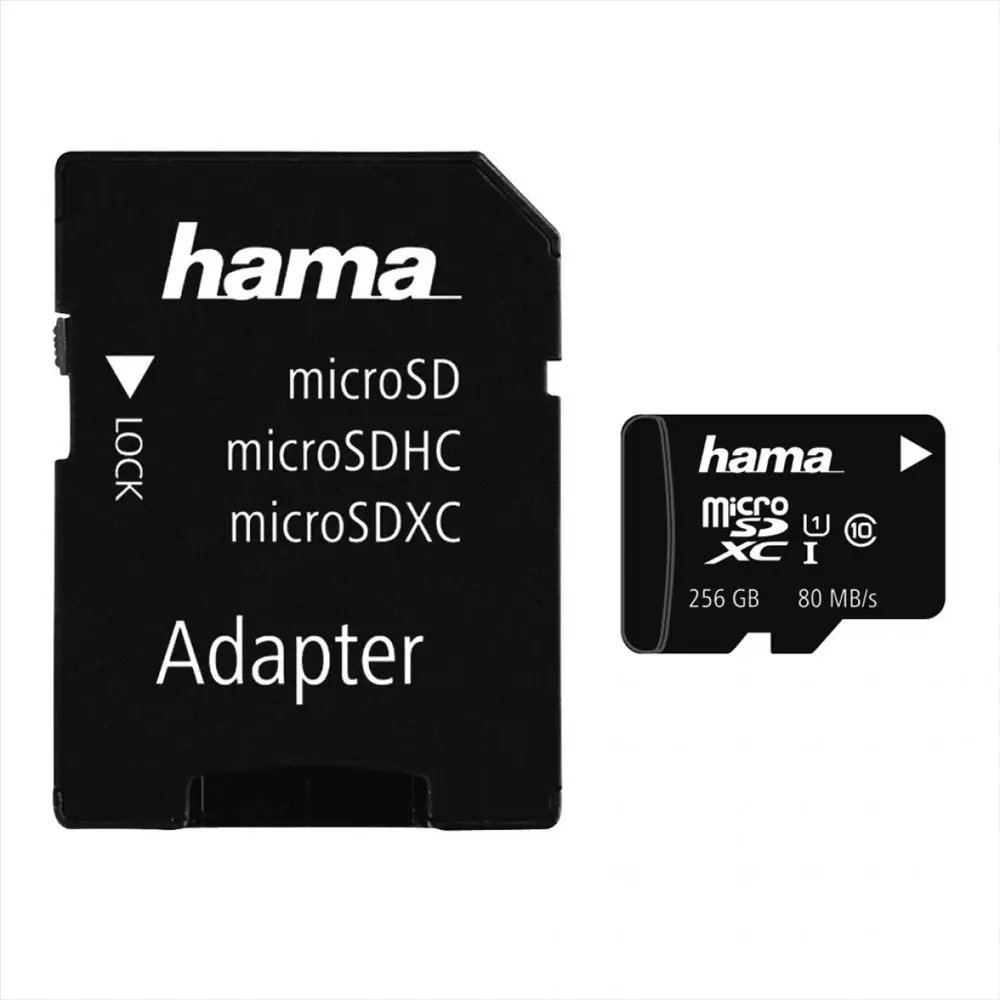 Un adattatore microSD Hama nero accanto a una scheda di memoria microSDXC da 256 GB.