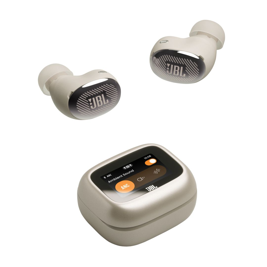 Cuffie in-ear JBL beige con custodia di ricarica e display touch.