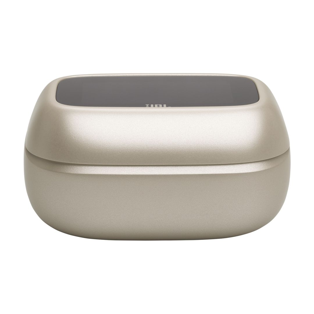 Custodia di ricarica JBL beige con schermo grigio scuro su sfondo bianco.
