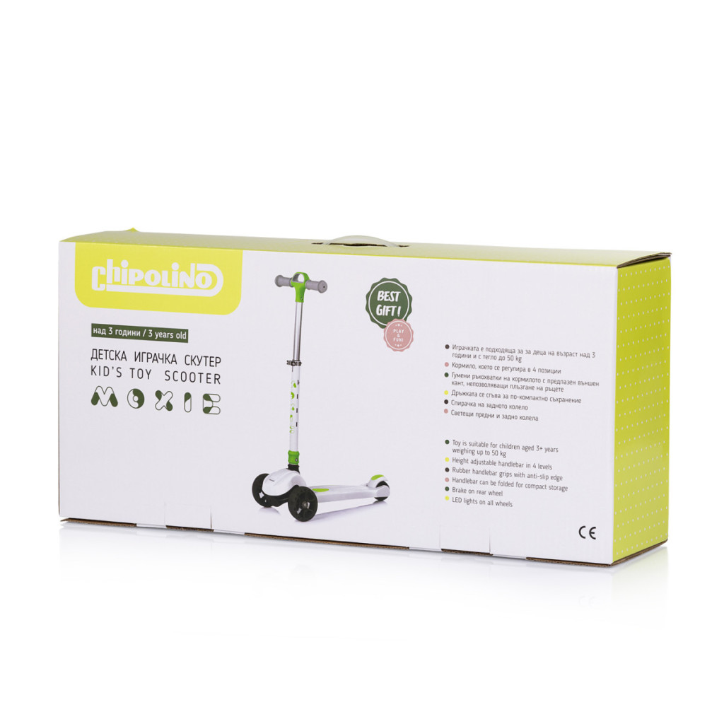Eine weiß-grüne Chipolino Moxie Kinderroller-Schachtel mit Produktdetails auf der Vorderseite.
