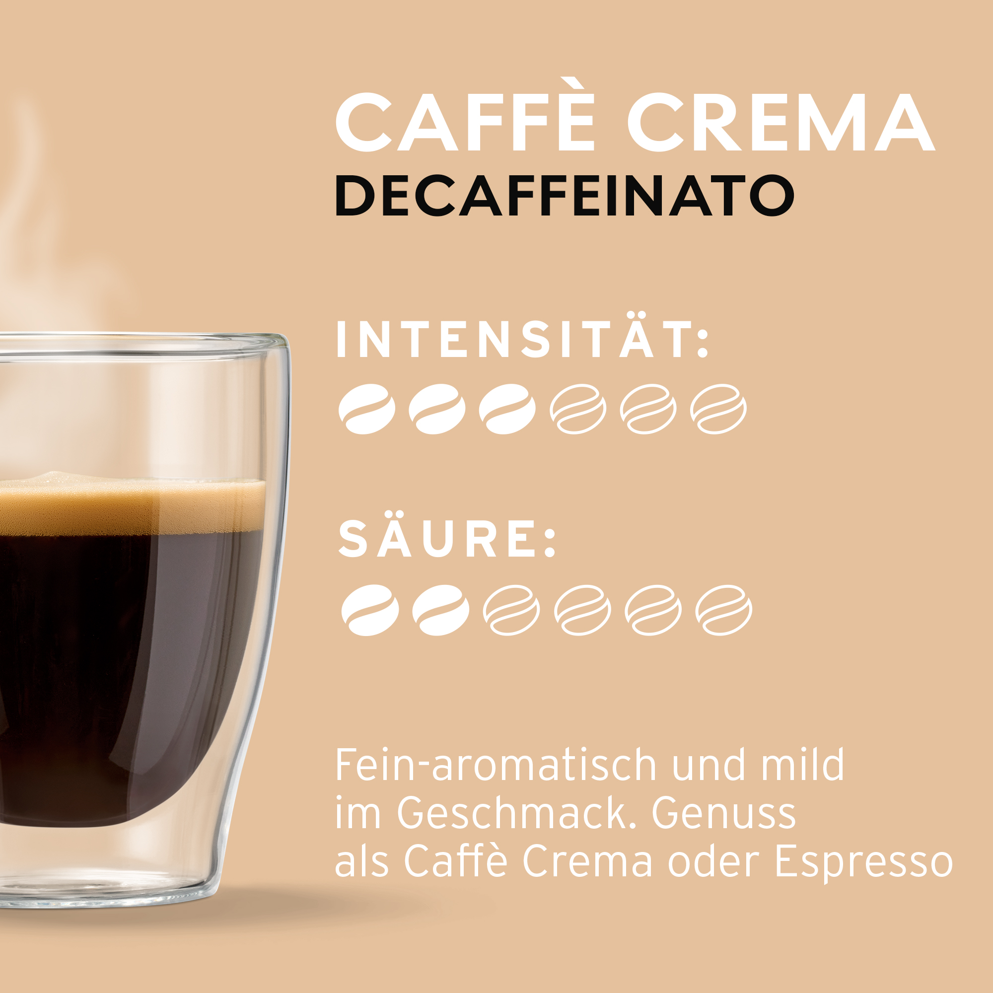 Glasklaren Kaffeetasse mit Crema vor beigem Hintergrund, darüber Kaffeebohnen-Symbole und deutscher Text.