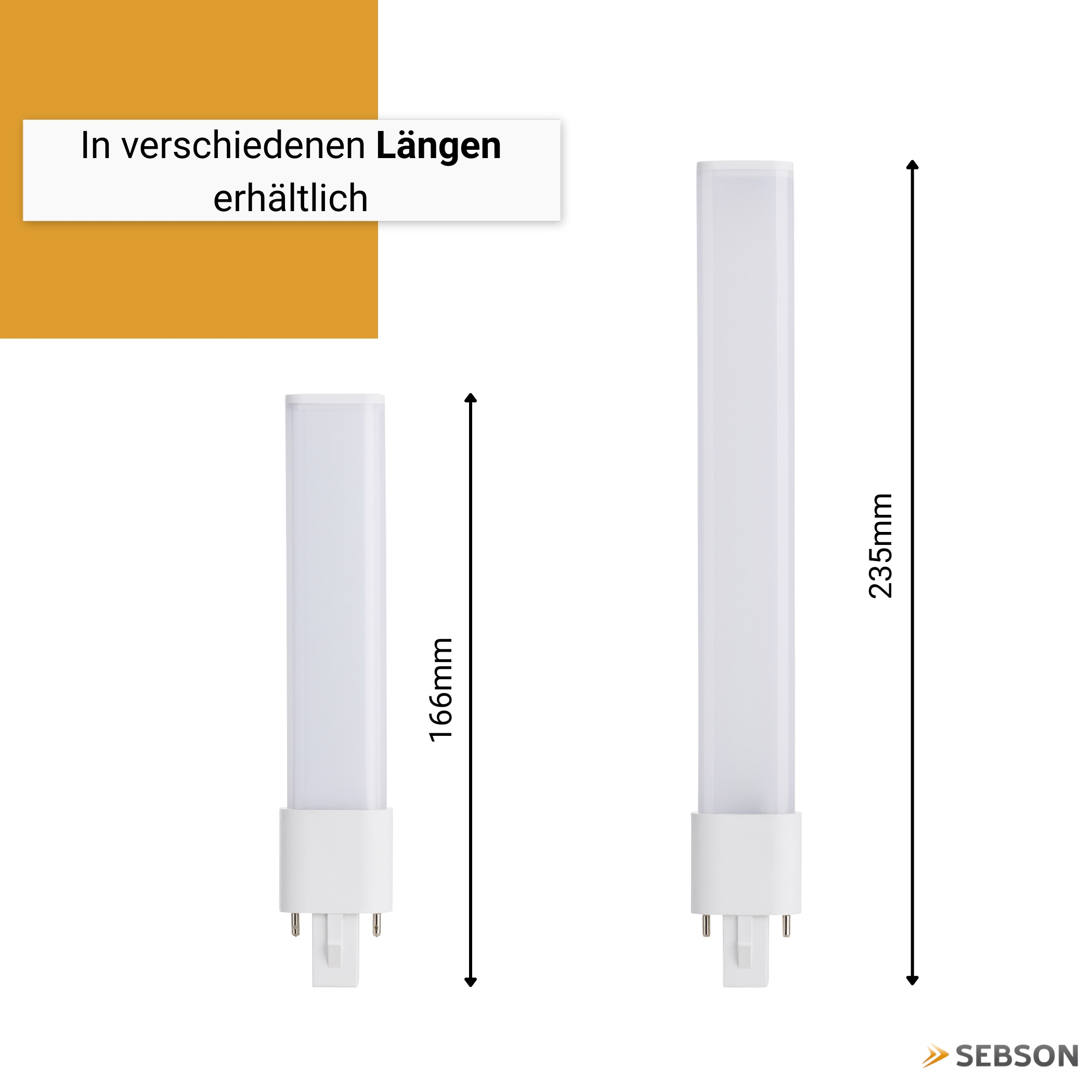 Zwei weiße LED-Lampen mit Stecksockel, 166mm und 235mm lang, gegen weißen Hintergrund mit gelbem Akzent.