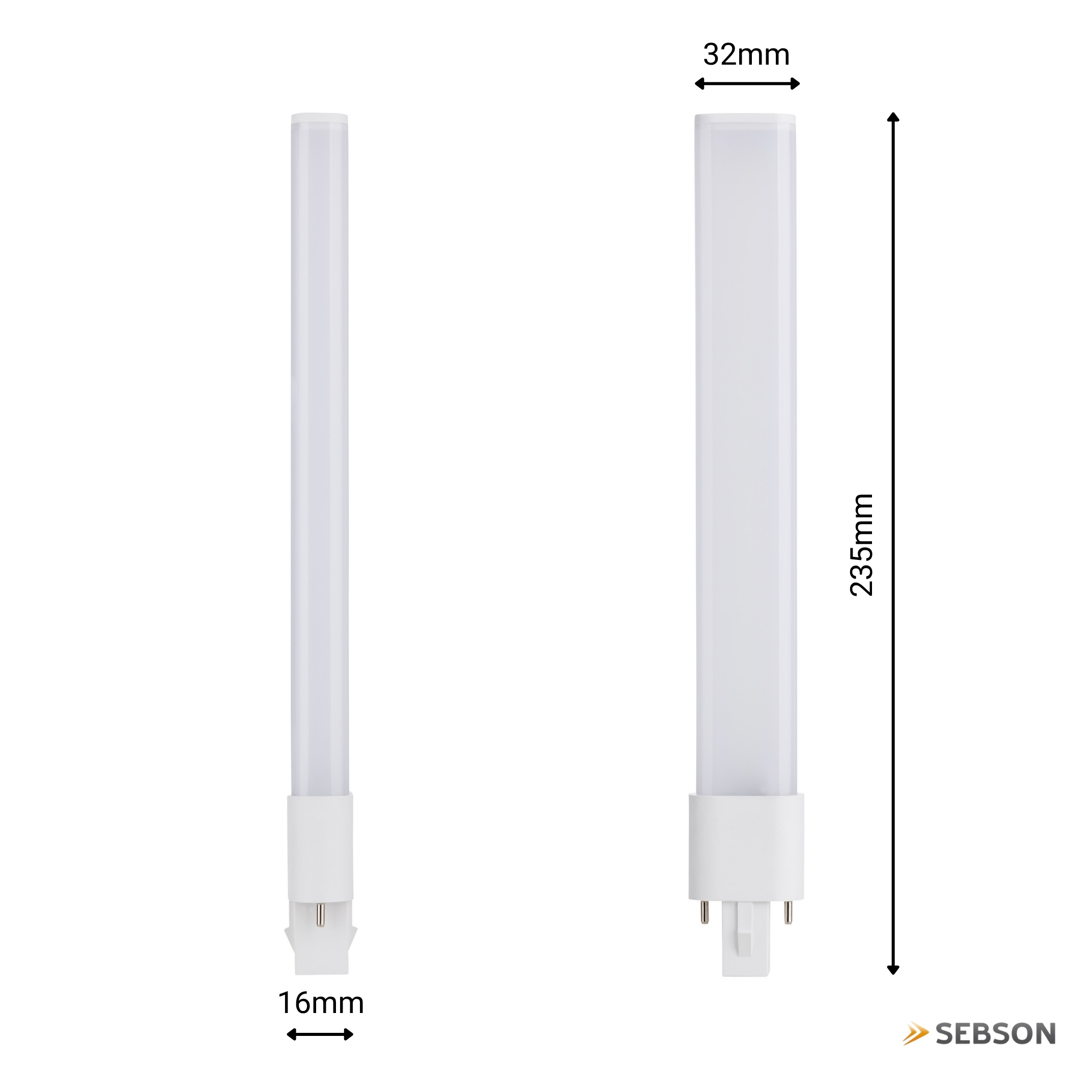 Zwei weiße LED-Röhren mit Maßen von 32mm Breite, 235mm Höhe und 16mm Sockelbreite auf weißem Hintergrund.
