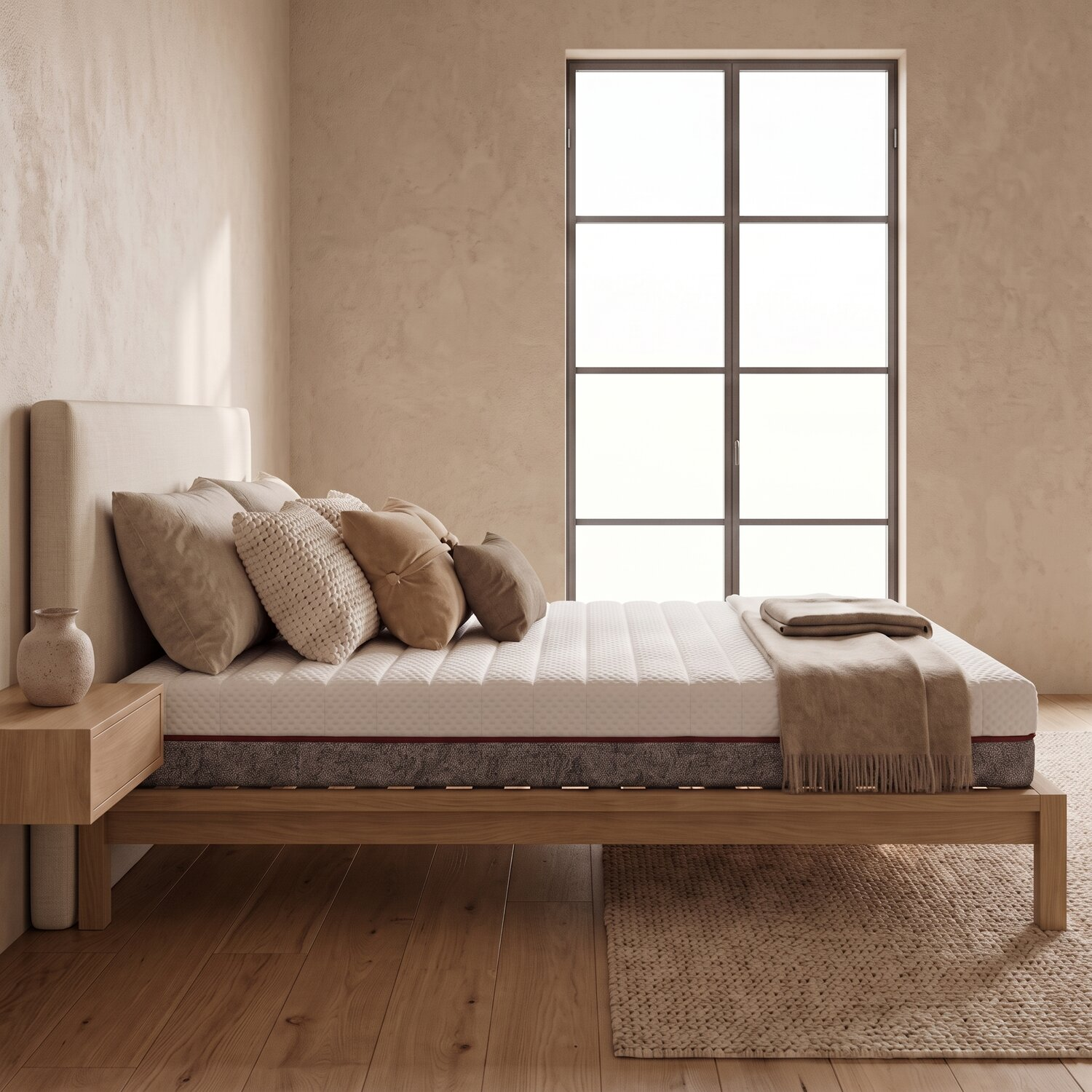 Cama de madera con cojines y manta en un dormitorio minimalista con gran ventana y paredes texturizadas.