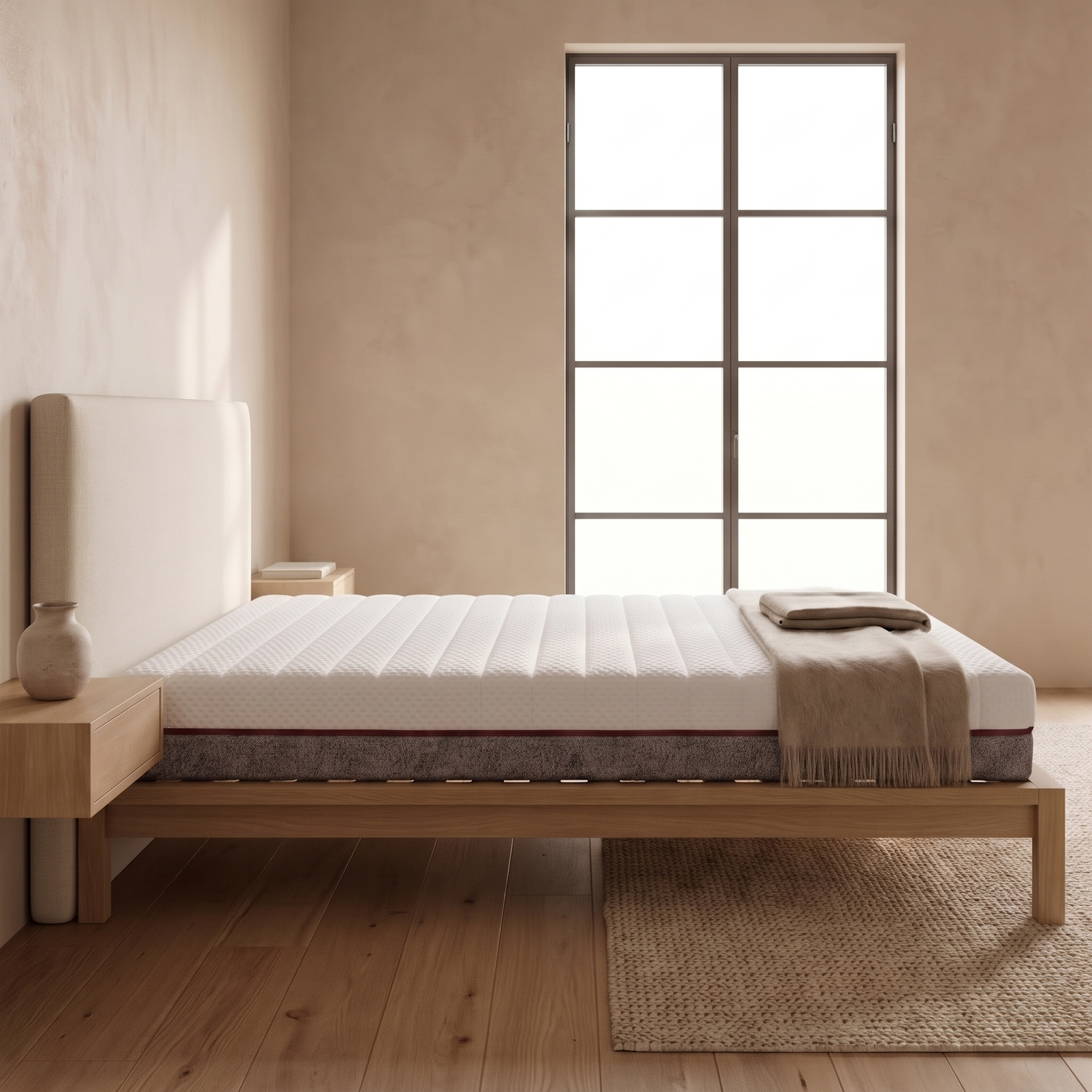 Cama de madera minimalista con colchón blanco, manta beis, mesita de noche y gran ventana en un dormitorio cálido.