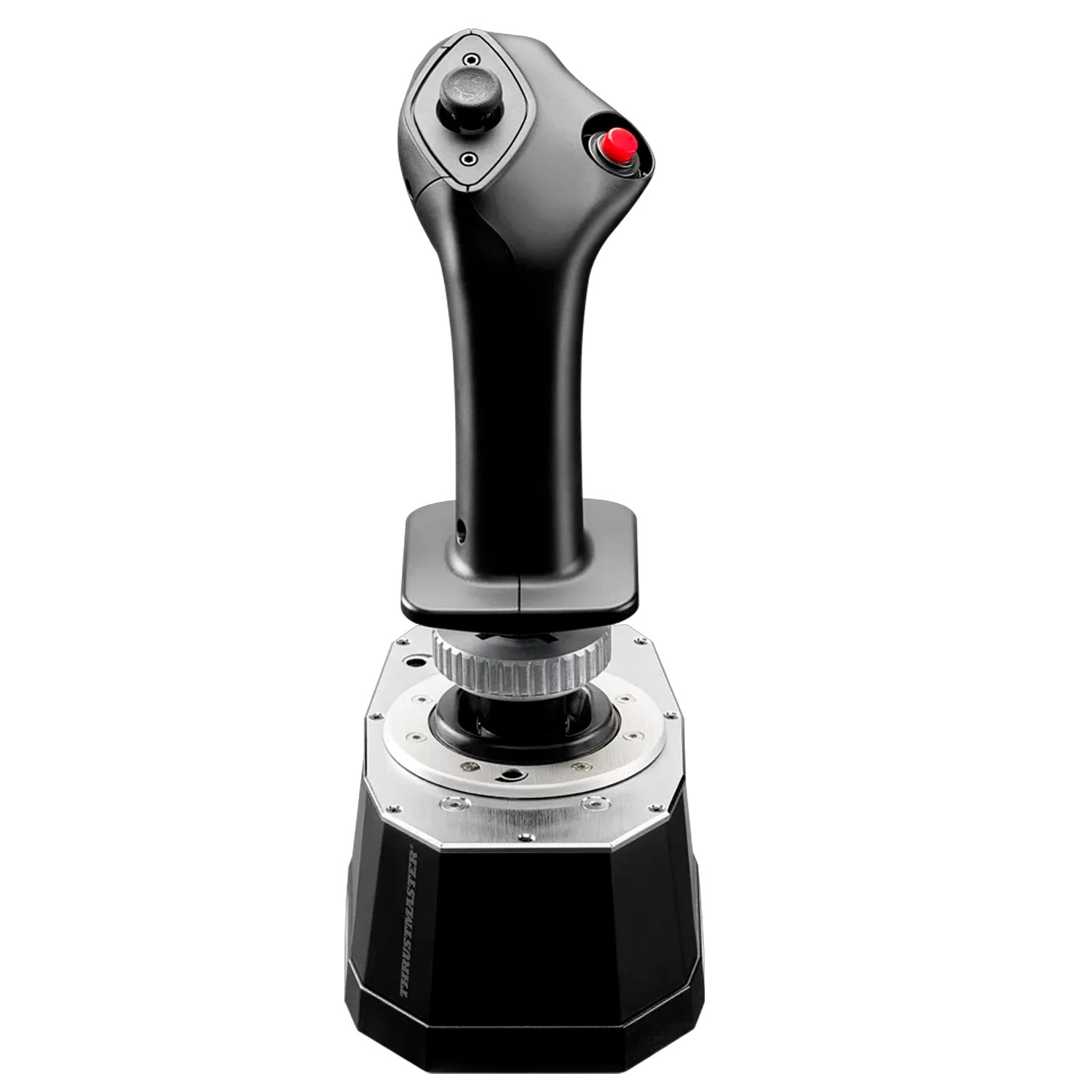 Un joystick de vol noir avec un bouton rouge et une base métallique, sur fond blanc.