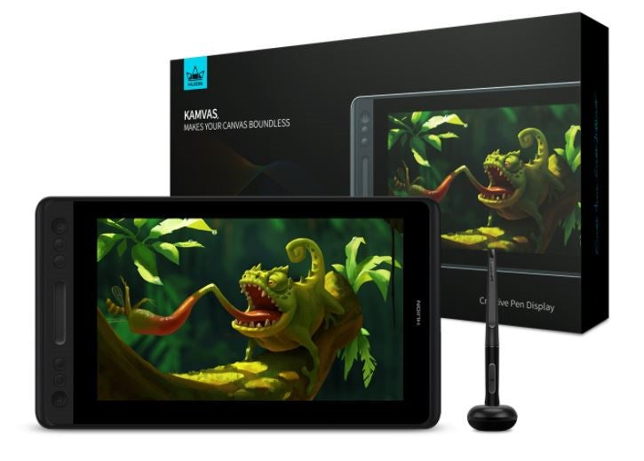 Huion Kamvas Stift-Display-Tablet mit grünem Chamäleon-Kunstwerk, dazu Stift und Produktverpackung im Hintergrund.