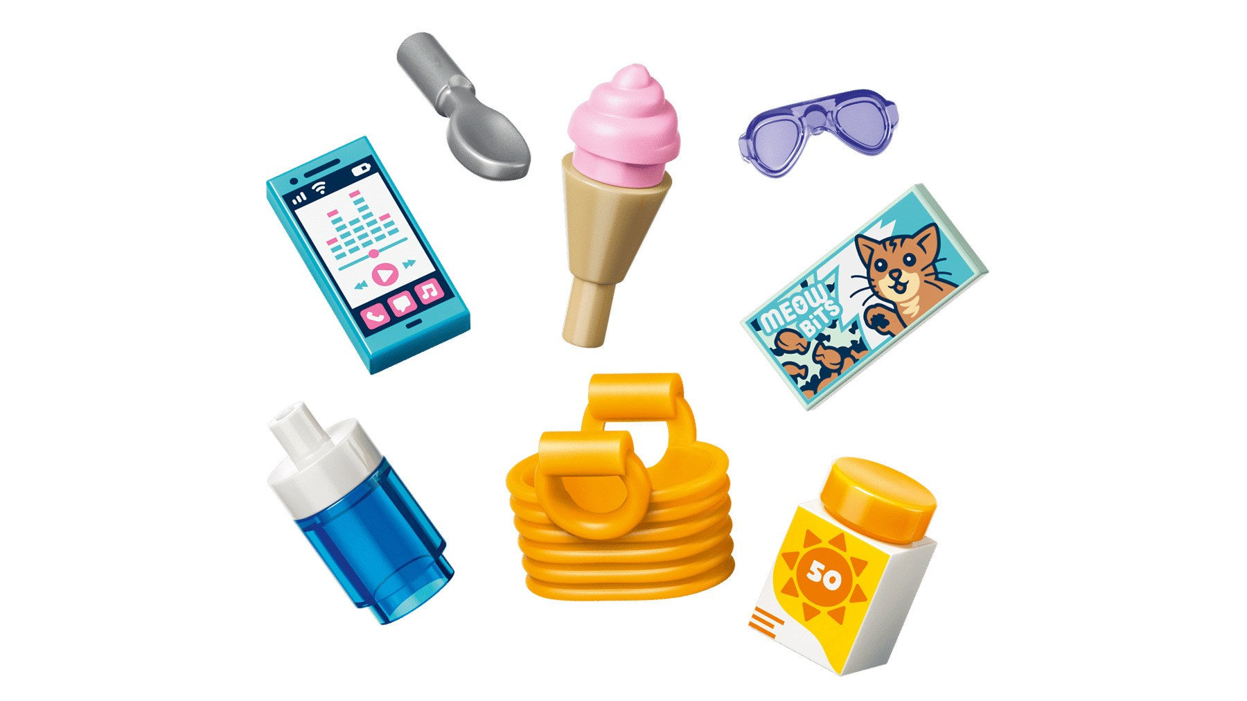 Akcesoria Lego, w tym telefon, lody, okulary, karma dla kota, bidon i krem z filtrem na białym tle.