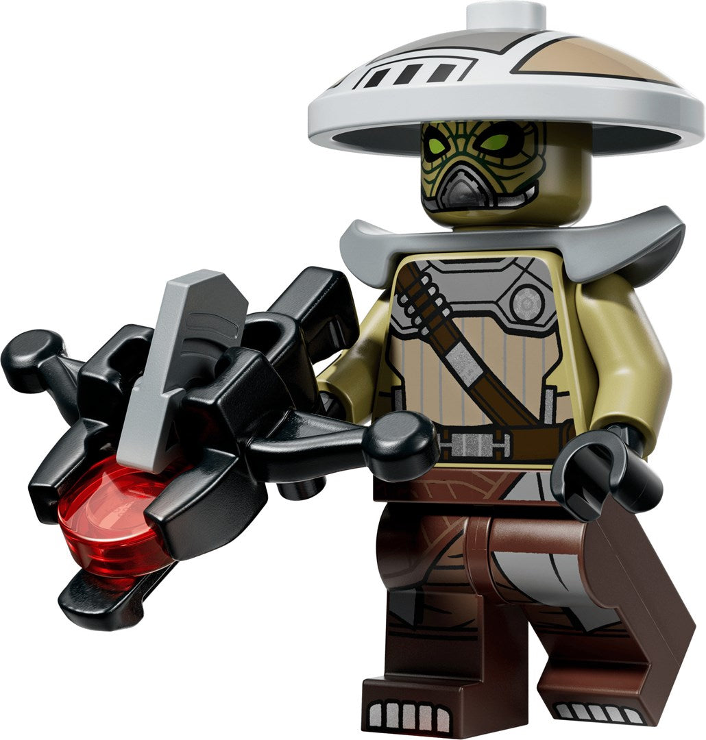 Minifigura de Lego con armadura y sombrero cónico, sosteniendo un arma negra con cristal rojo.