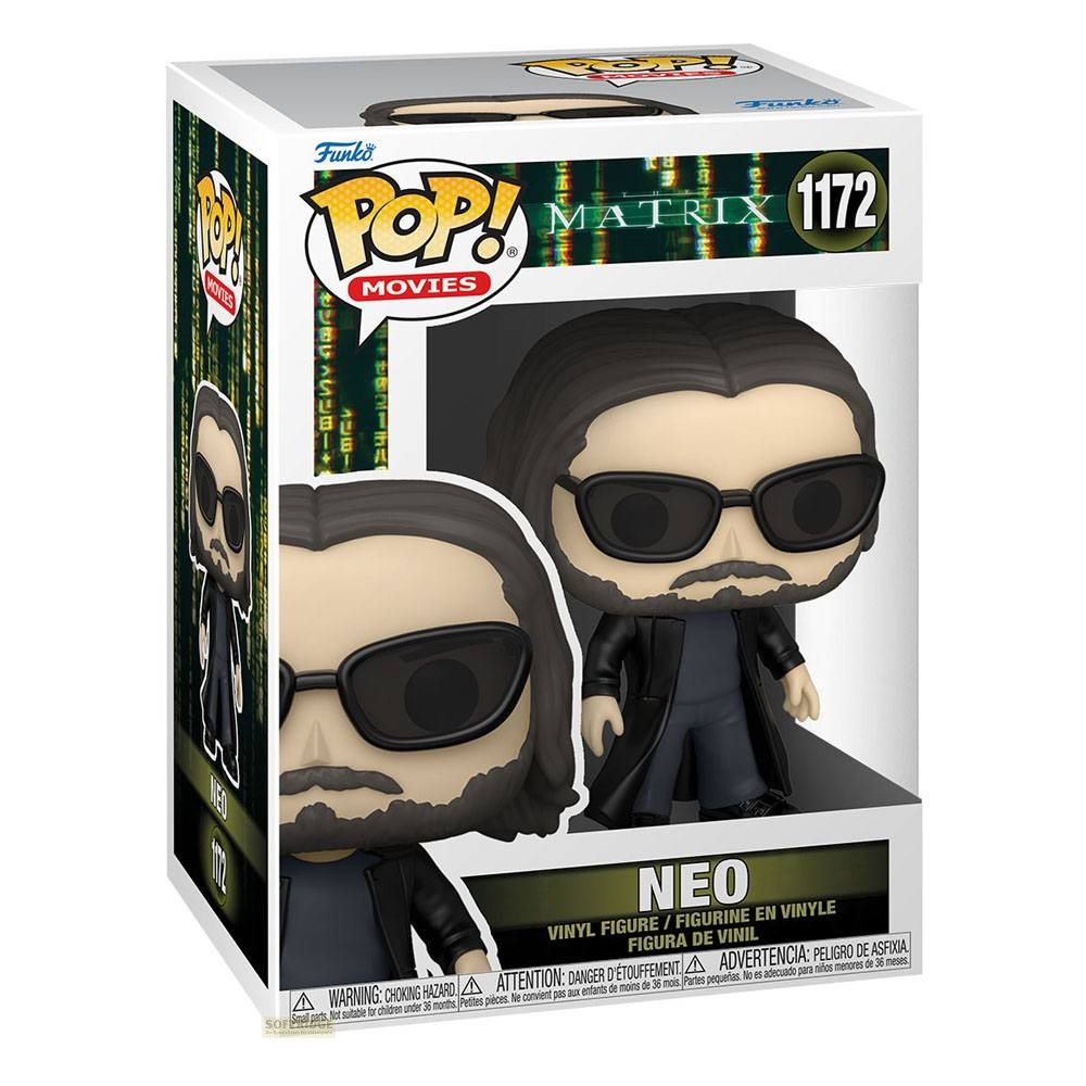 Una figura de vinilo Funko Pop en caja de Neo de The Matrix, con abrigo negro y gafas de sol.