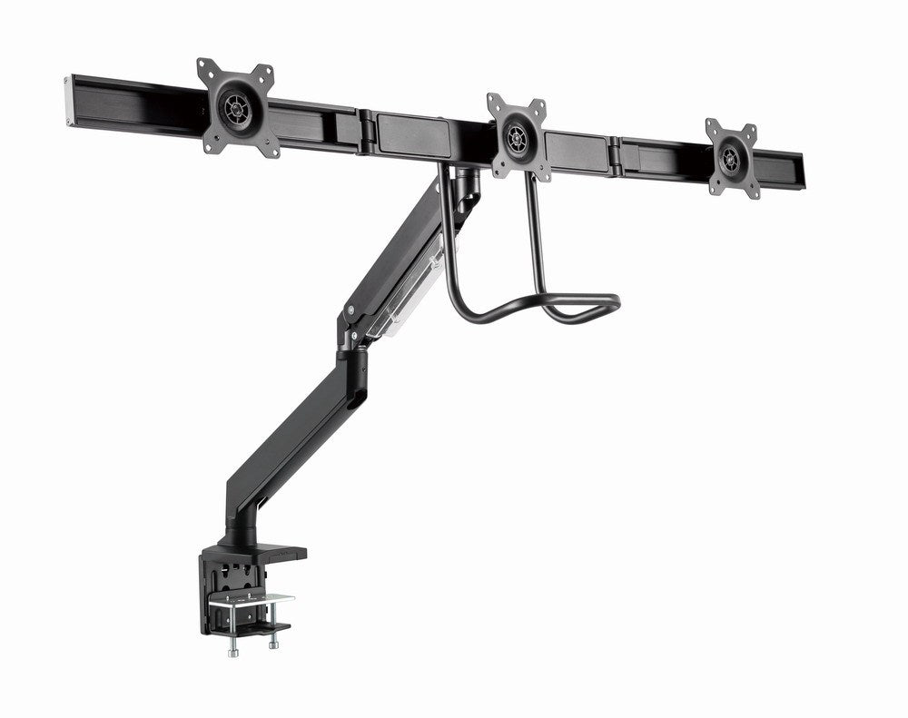 Soporte de escritorio negro para tres monitores con brazo articulado y pinza.