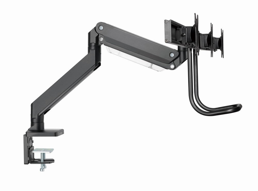 Brazo de monitor de metal negro ajustable con abrazadera de escritorio y soportes VESA dobles.