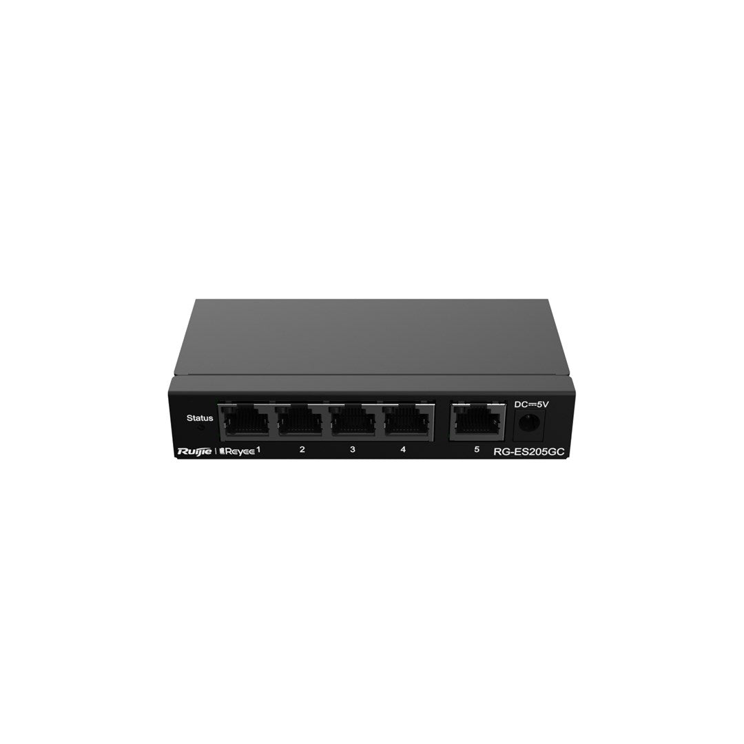 Beyaz arka plan üzerinde beş ethernet portu ve güç girişine sahip siyah bir Ruijie Reyee ağ anahtarı.