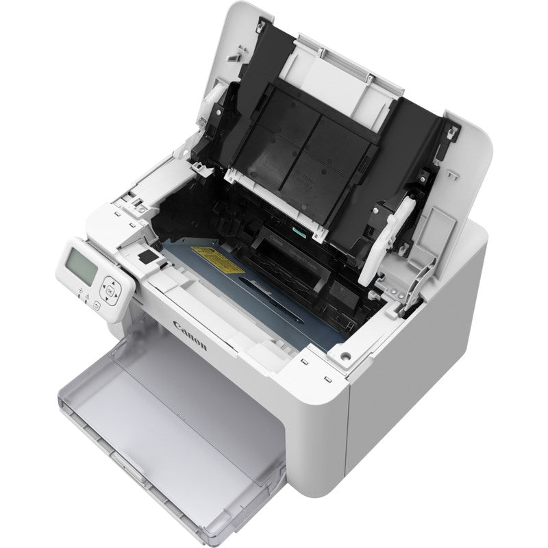 Widok z góry białej drukarki laserowej Canon z otwartą górną pokrywą i wysuniętą tacą na papier.