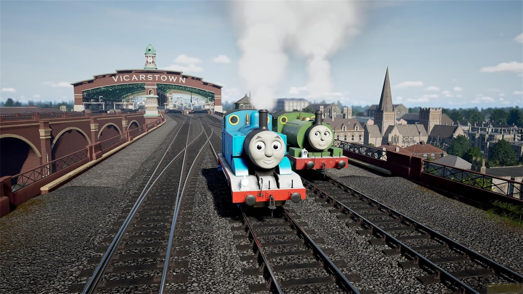 Blaue und grüne Dampflokomotiven fahren auf Gleisen vor einer Stadt mit dem Schild Vicarstown.