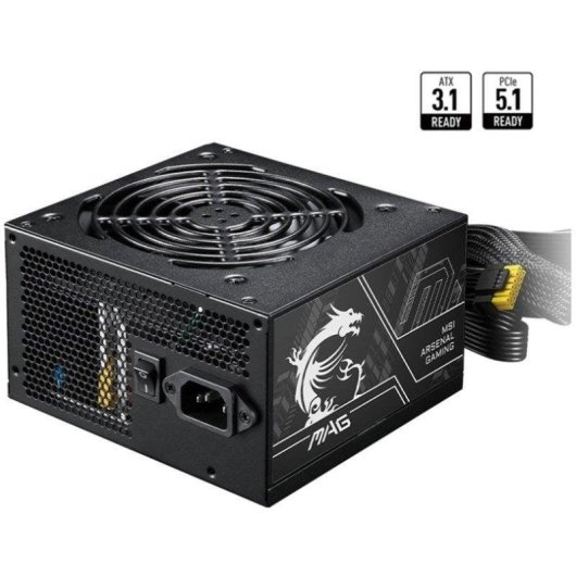 Üst fanı, güç bağlantı noktası ve siyah-sarı kabloları olan siyah MSI MAG PC güç kaynağı.