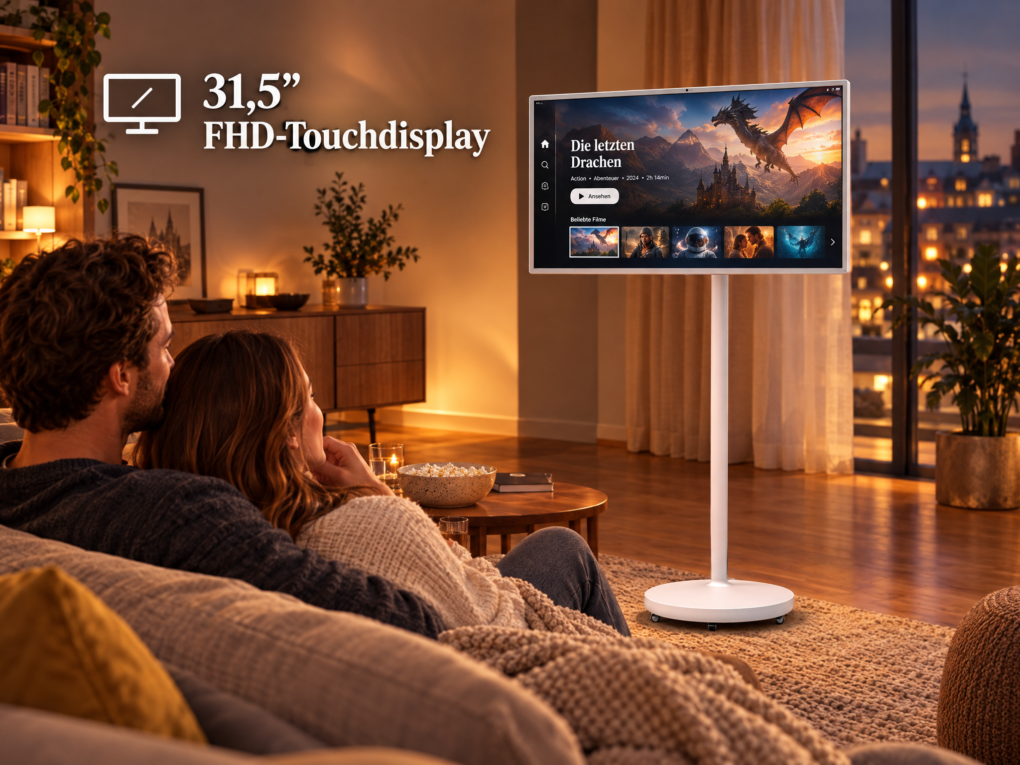 Ein Paar sitzt gemütlich auf einem Sofa und schaut auf ein großes, mobiles 31,5-Zoll-Touchdisplay.
