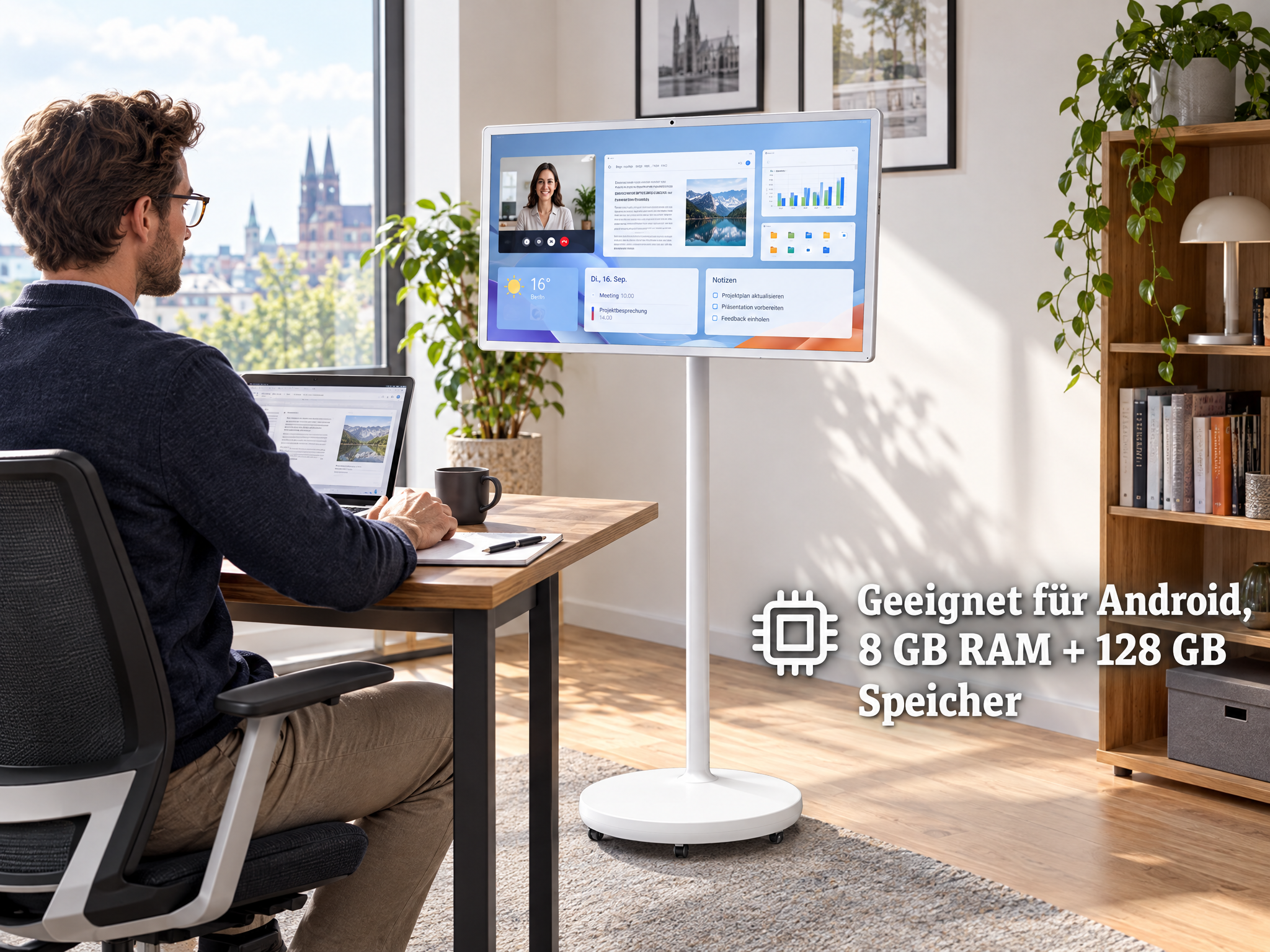 Mann sitzt am Schreibtisch und arbeitet am Laptop vor einem großen mobilen Bildschirm in einem hellen Büro.