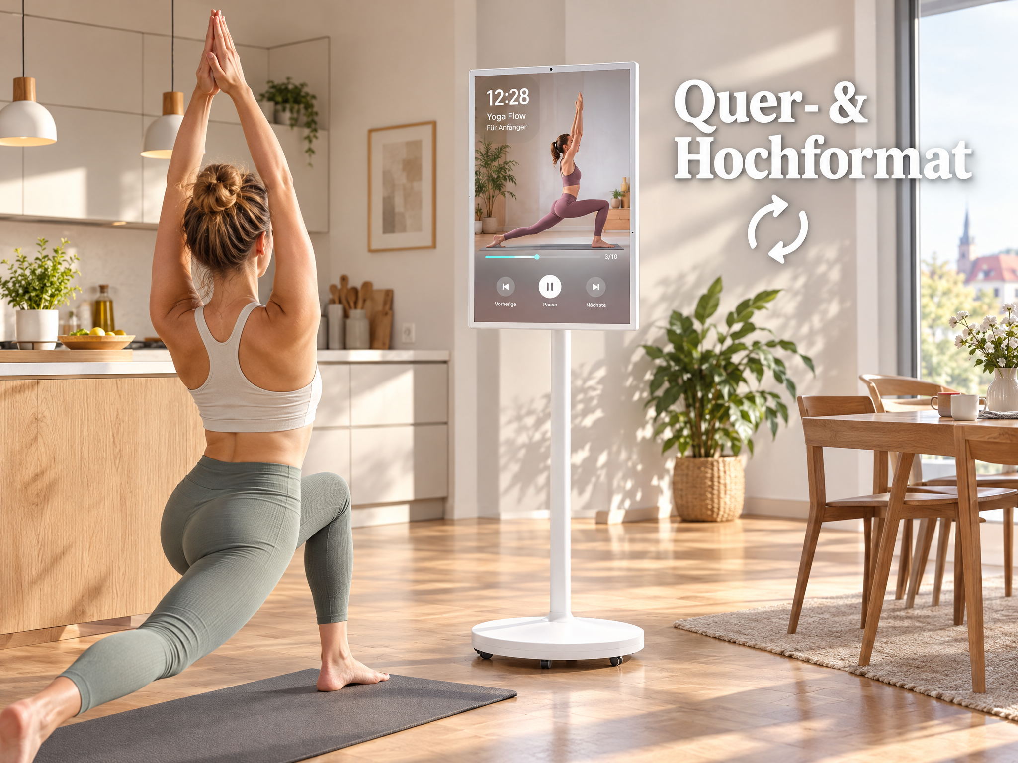 Frau macht Yoga vor einem vertikalen Fitnessbildschirm im hellen Wohnzimmer.