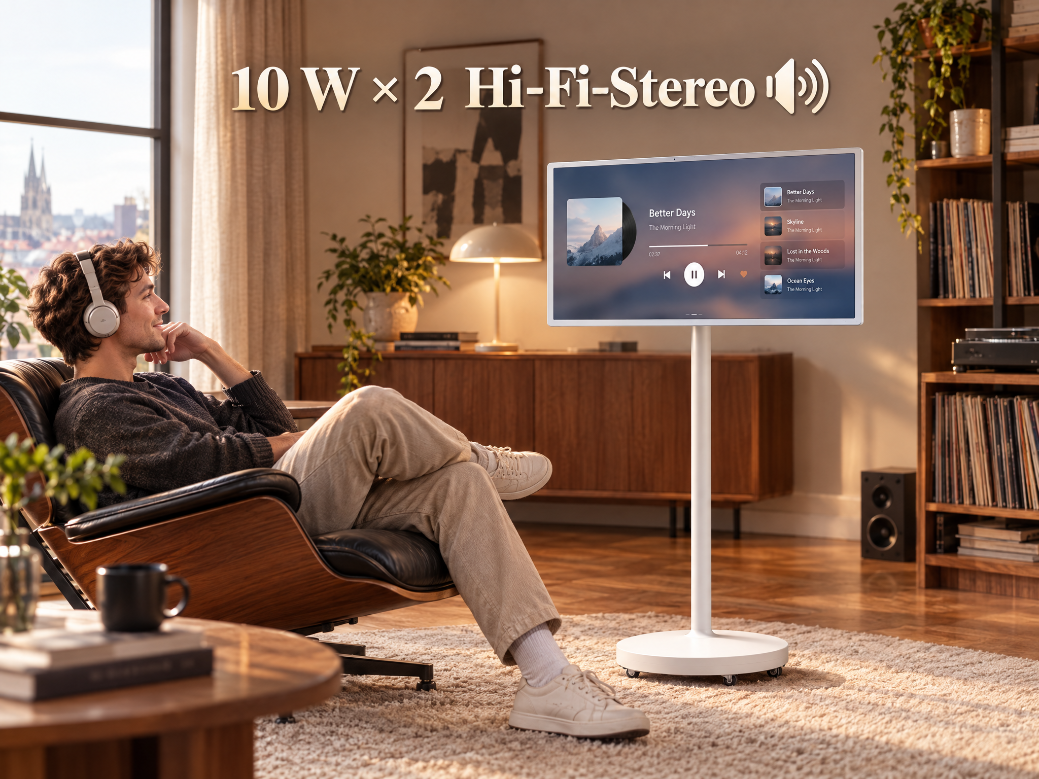 Ein Mann sitzt mit Kopfhörern in einem Sessel vor einem modernen Bildschirm mit Musikwiedergabe in einem Wohnzimmer.