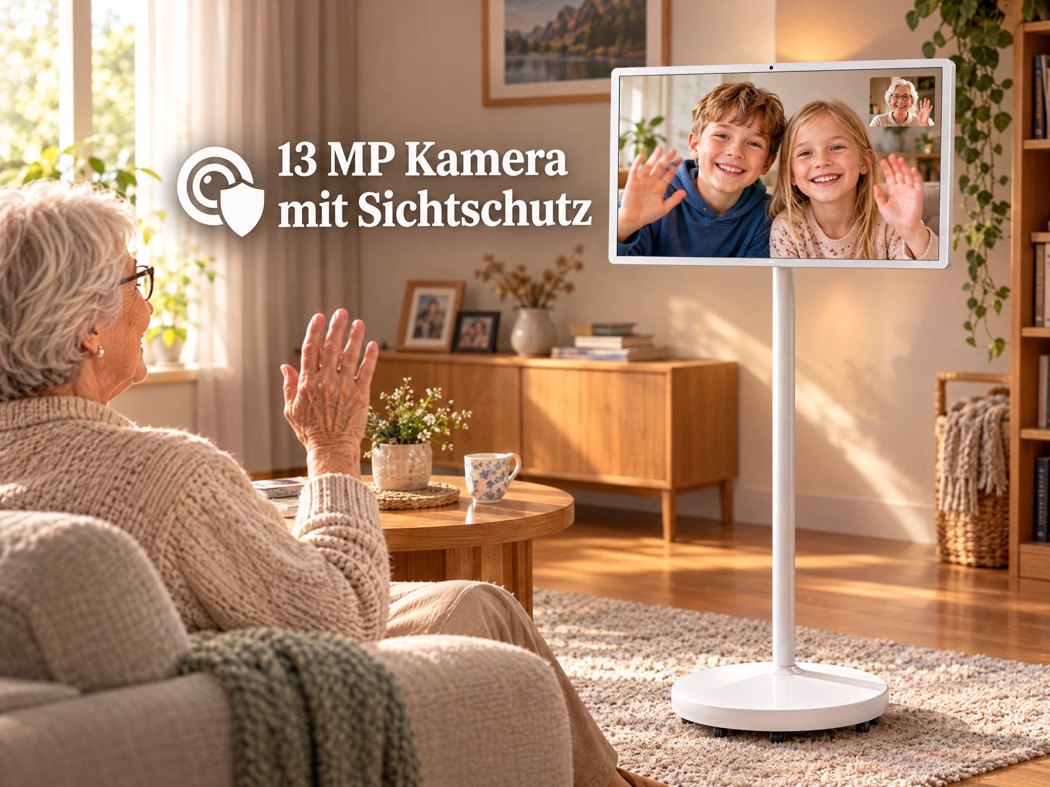 Seniorin winkt zu einem Standbildschirm, auf dem zwei Kinder videochatten.