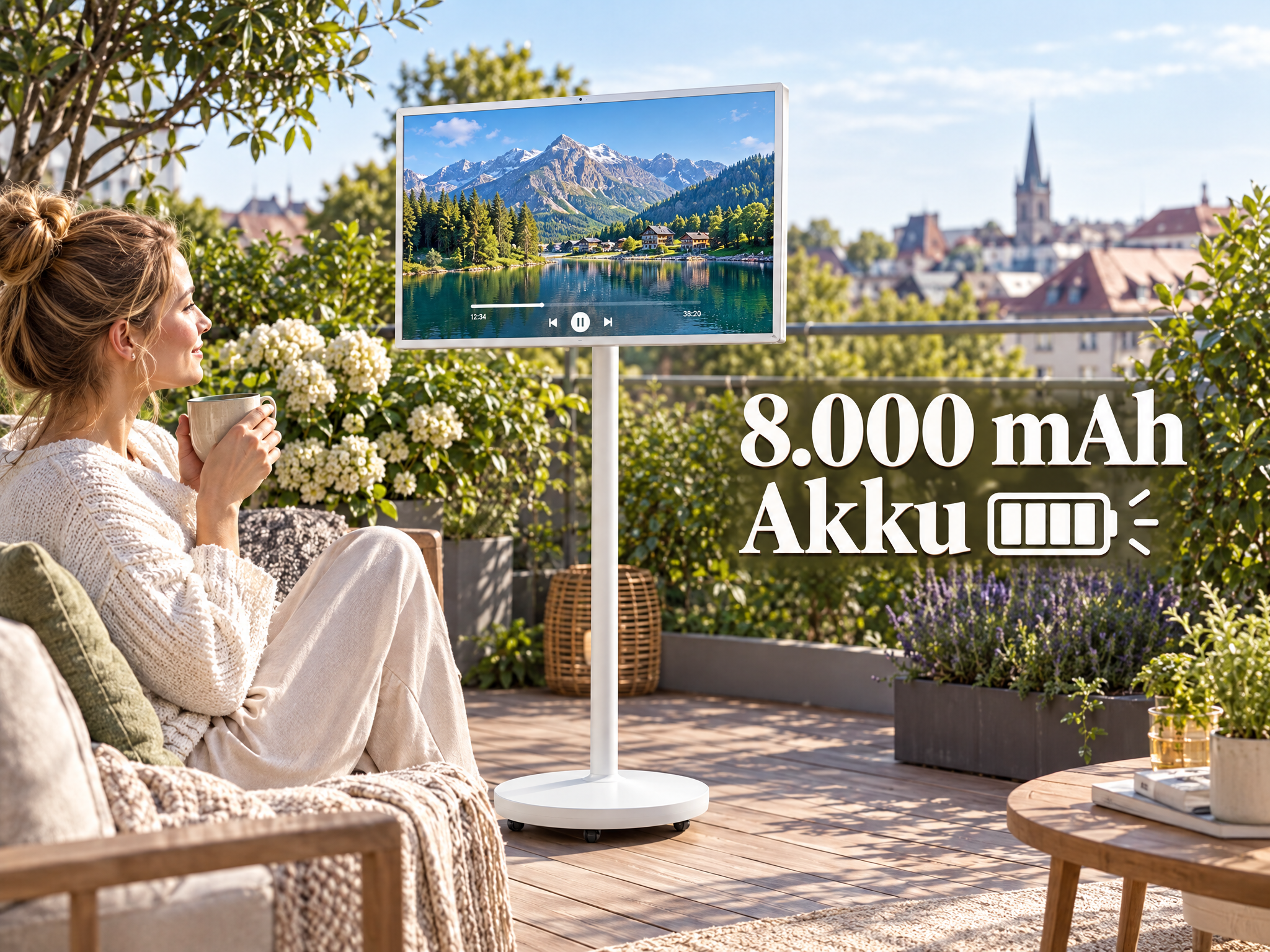 Eine Frau entspannt auf einem sonnigen Balkon mit Tasse vor einem tragbaren Fernseher mit Berglandschaft.