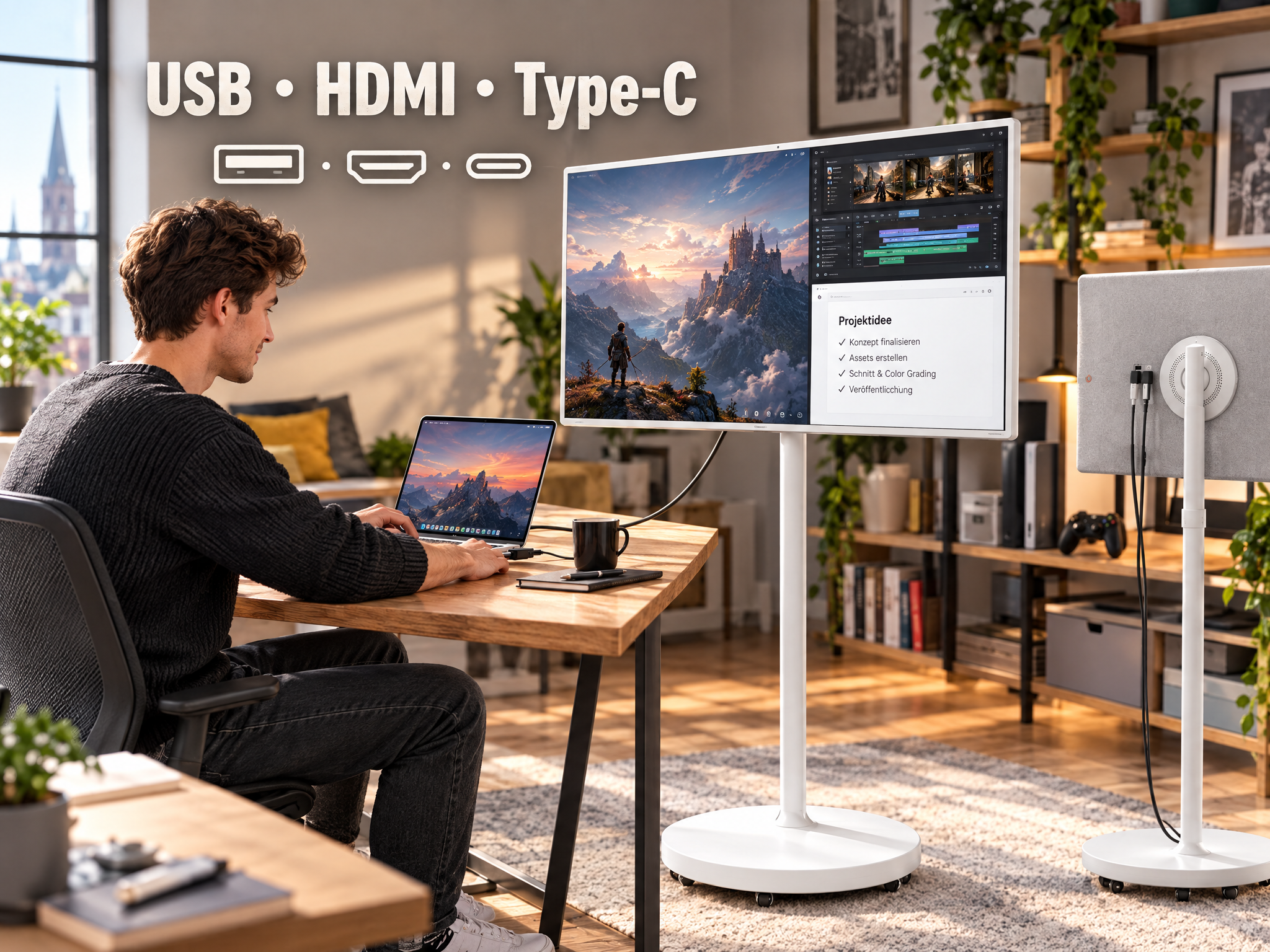 Ein Mann sitzt an einem Holztisch und arbeitet an einem Laptop, der mit einem großen weißen Standmonitor verbunden ist.