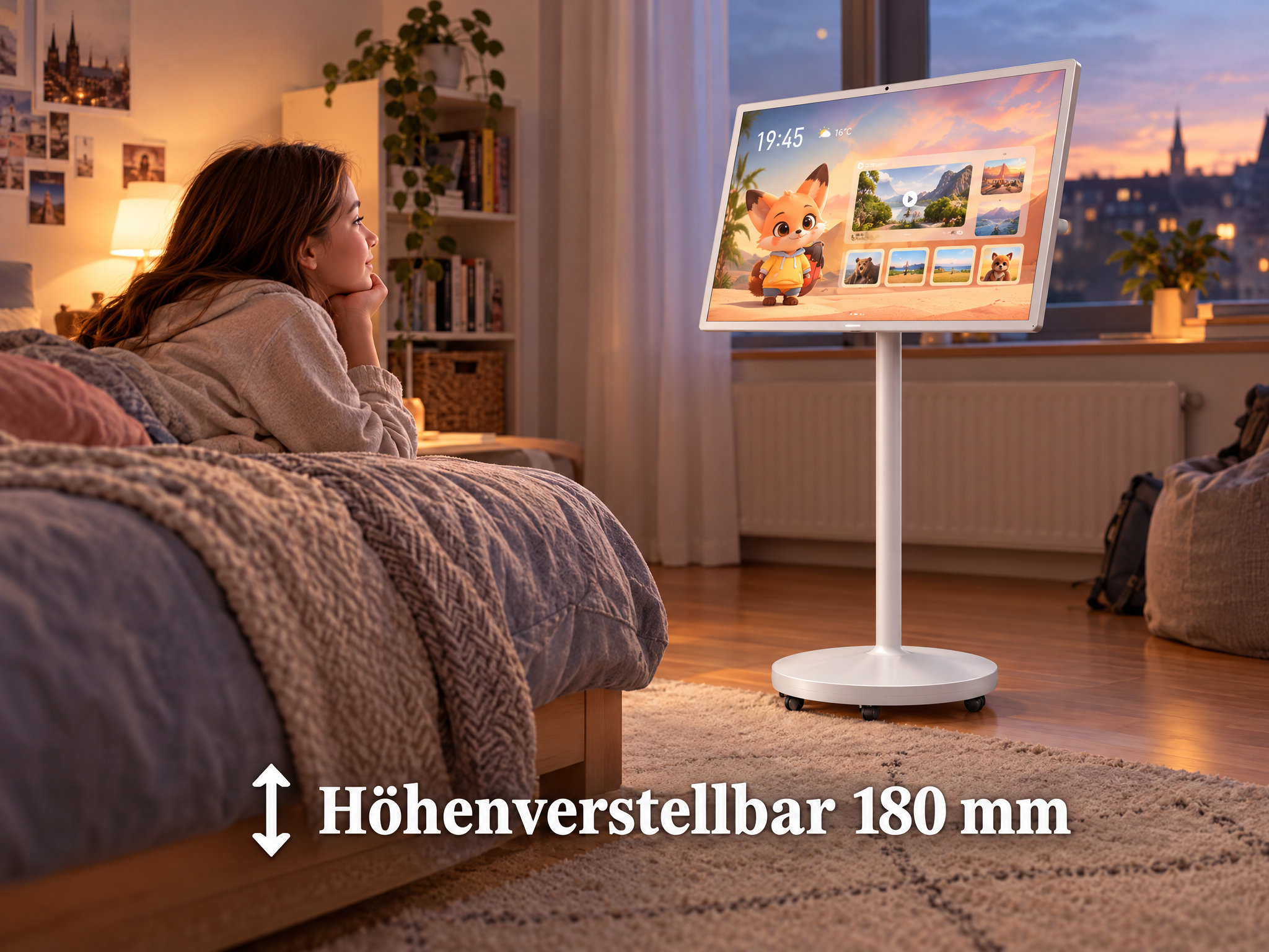Eine Frau liegt im Bett und blickt auf einen mobilen Fernseher mit Cartoon-Fuchs auf dem Bildschirm.