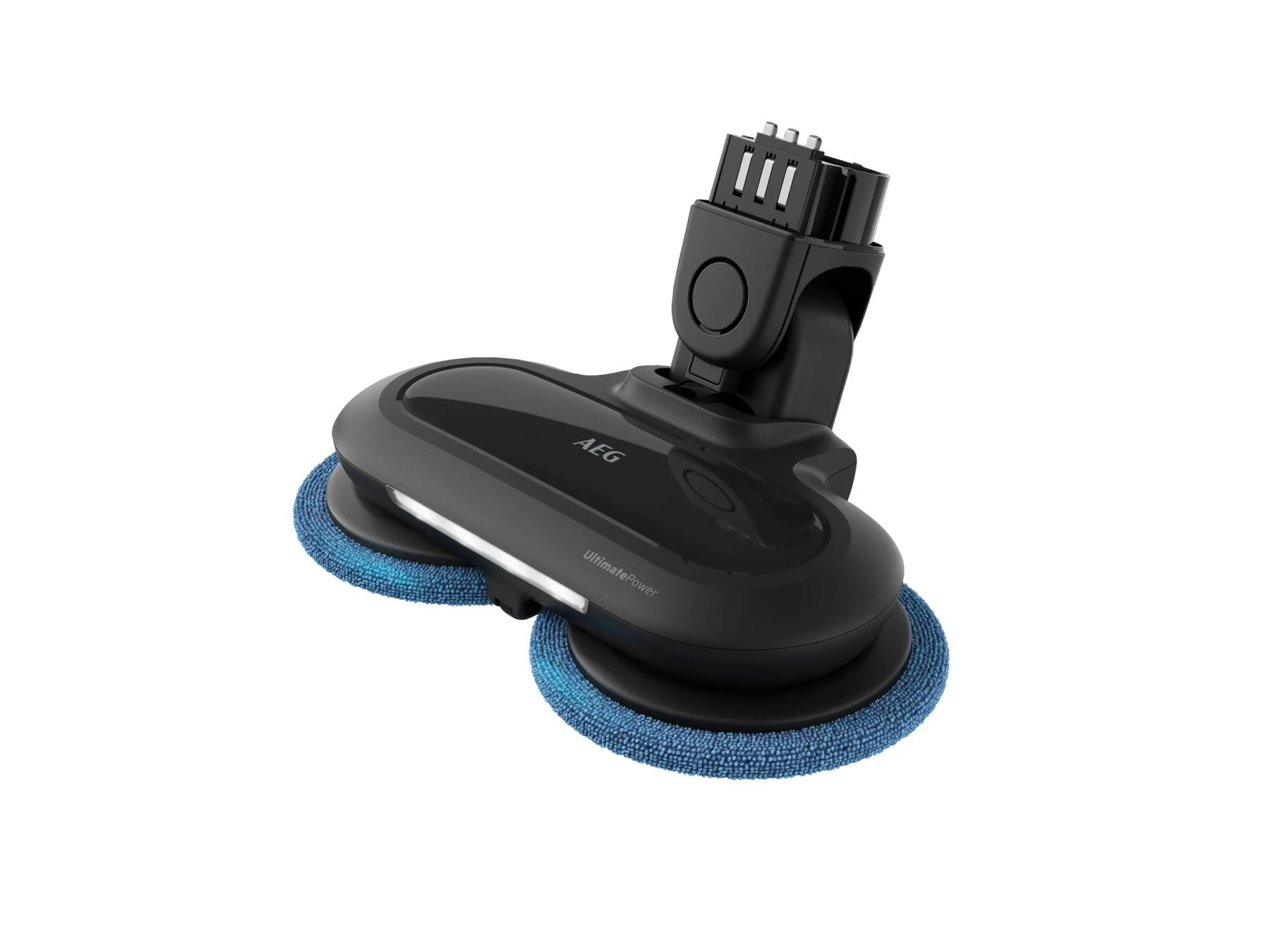 Accesorio mopa negro AEG con dos almohadillas redondas de microfibra azul sobre fondo blanco.